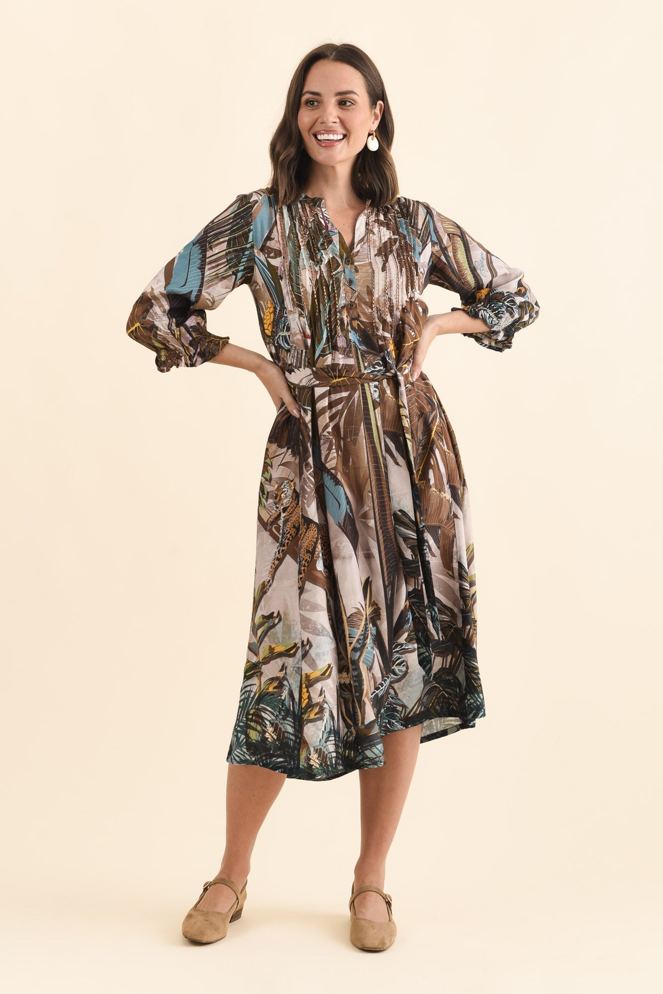 Kalmia Brown Jungle Pleated Tie Dress Back View 2