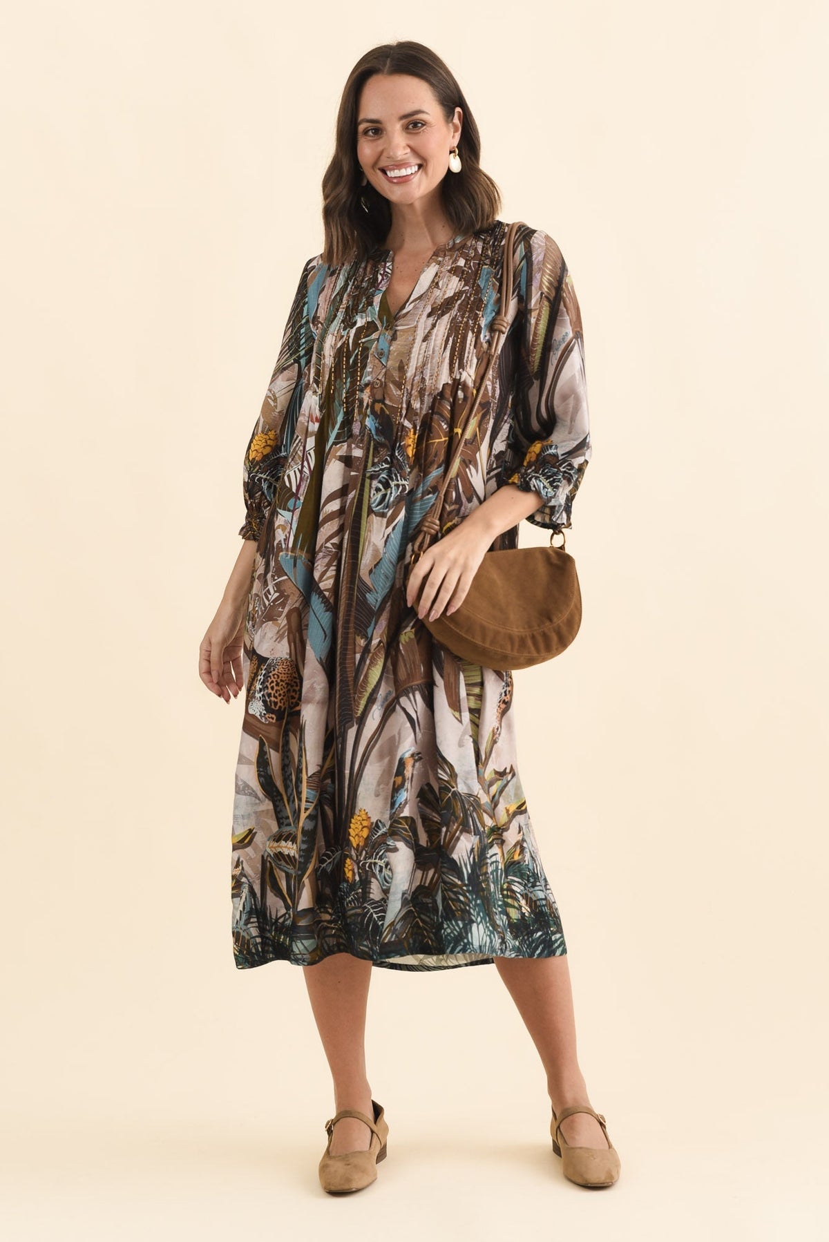 Kalmia Brown Jungle Pleated Tie Dress Front View