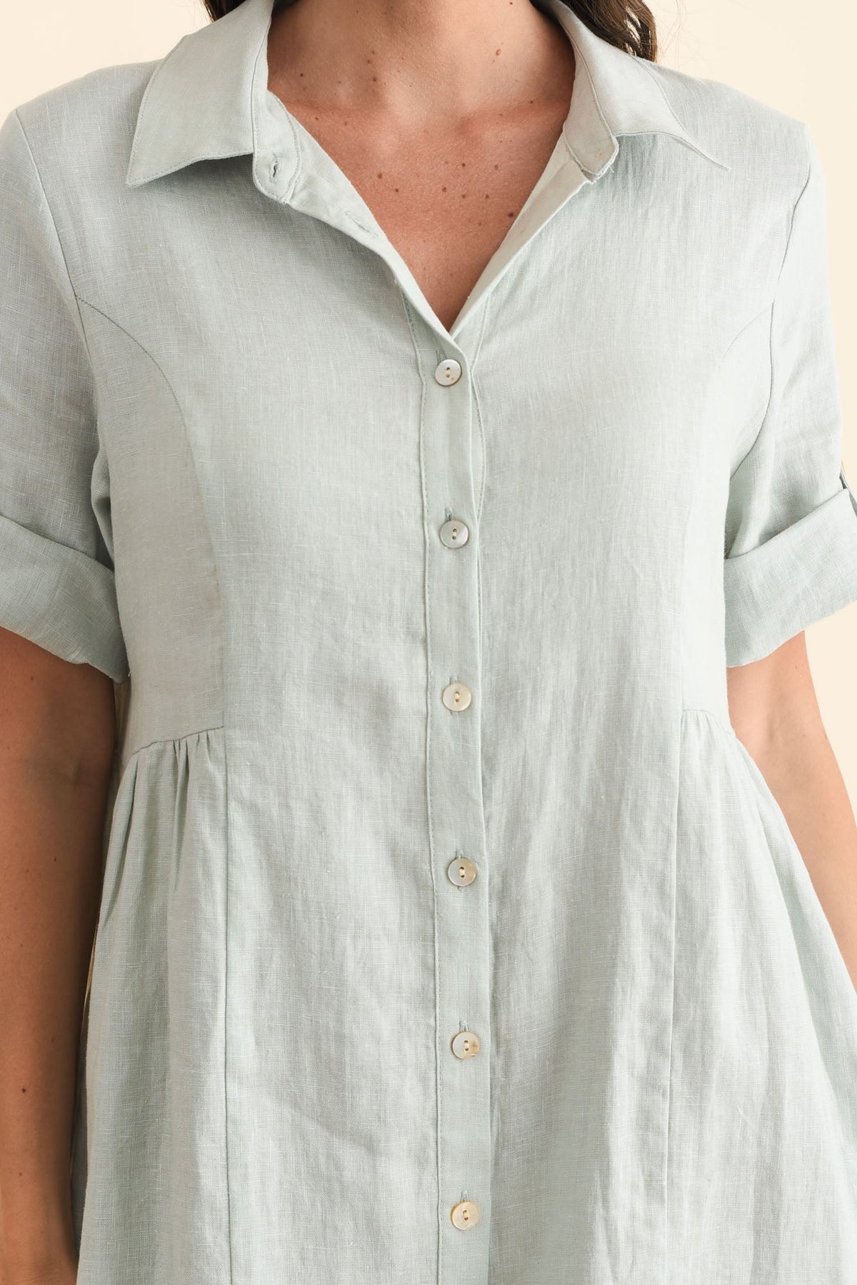 Katy Mint Linen Pocket Dress Detail View