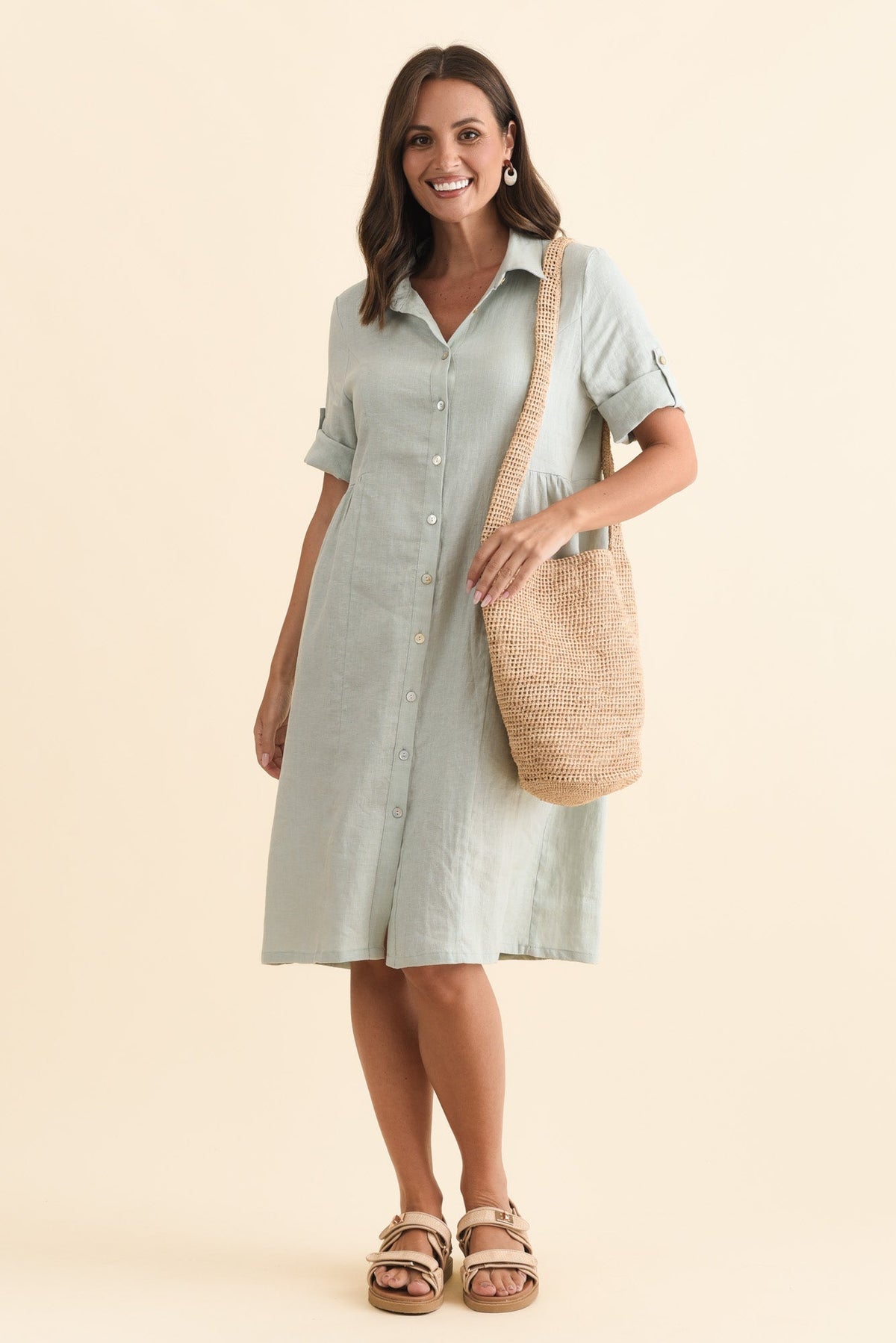 Katy Mint Linen Pocket Dress Front View 2