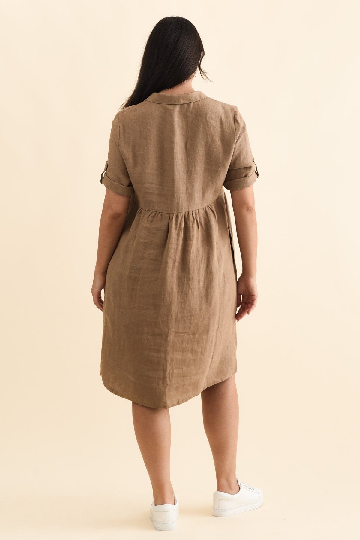 Katy Mocha Linen Pocket Dress Full Length View 2