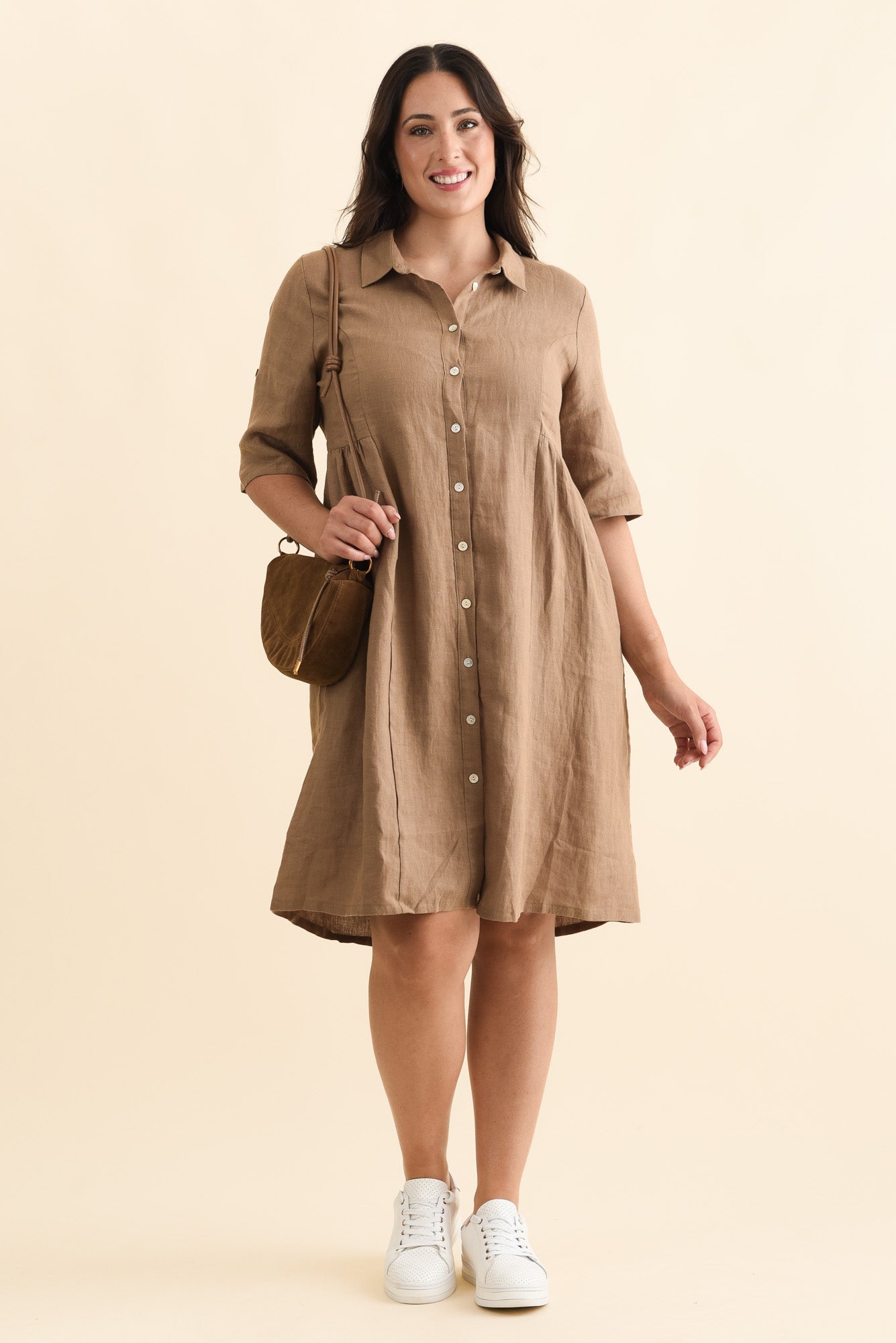 Katy Mocha Linen Pocket Dress Side View 2