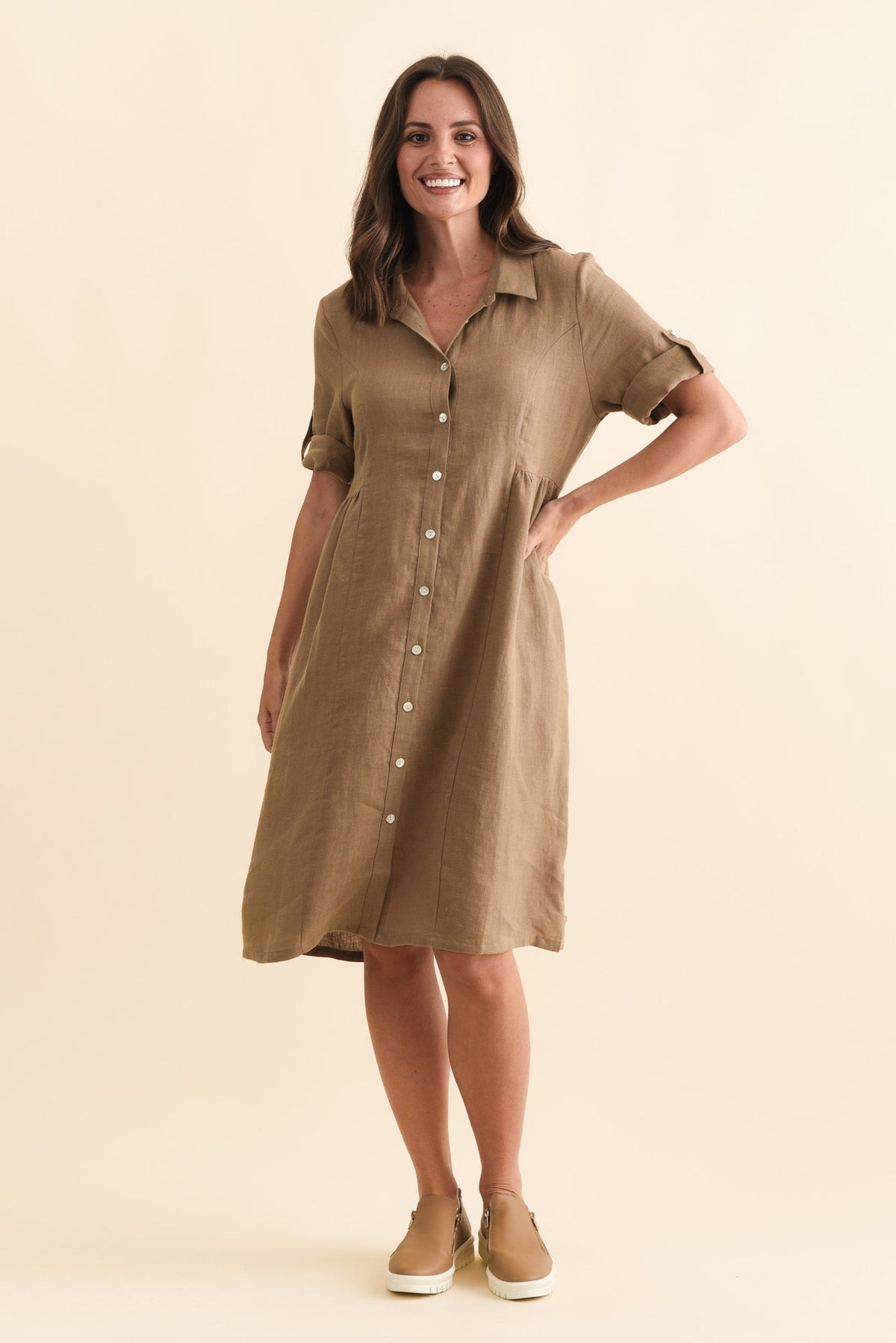 Katy Mocha Linen Pocket Dress Back View 2