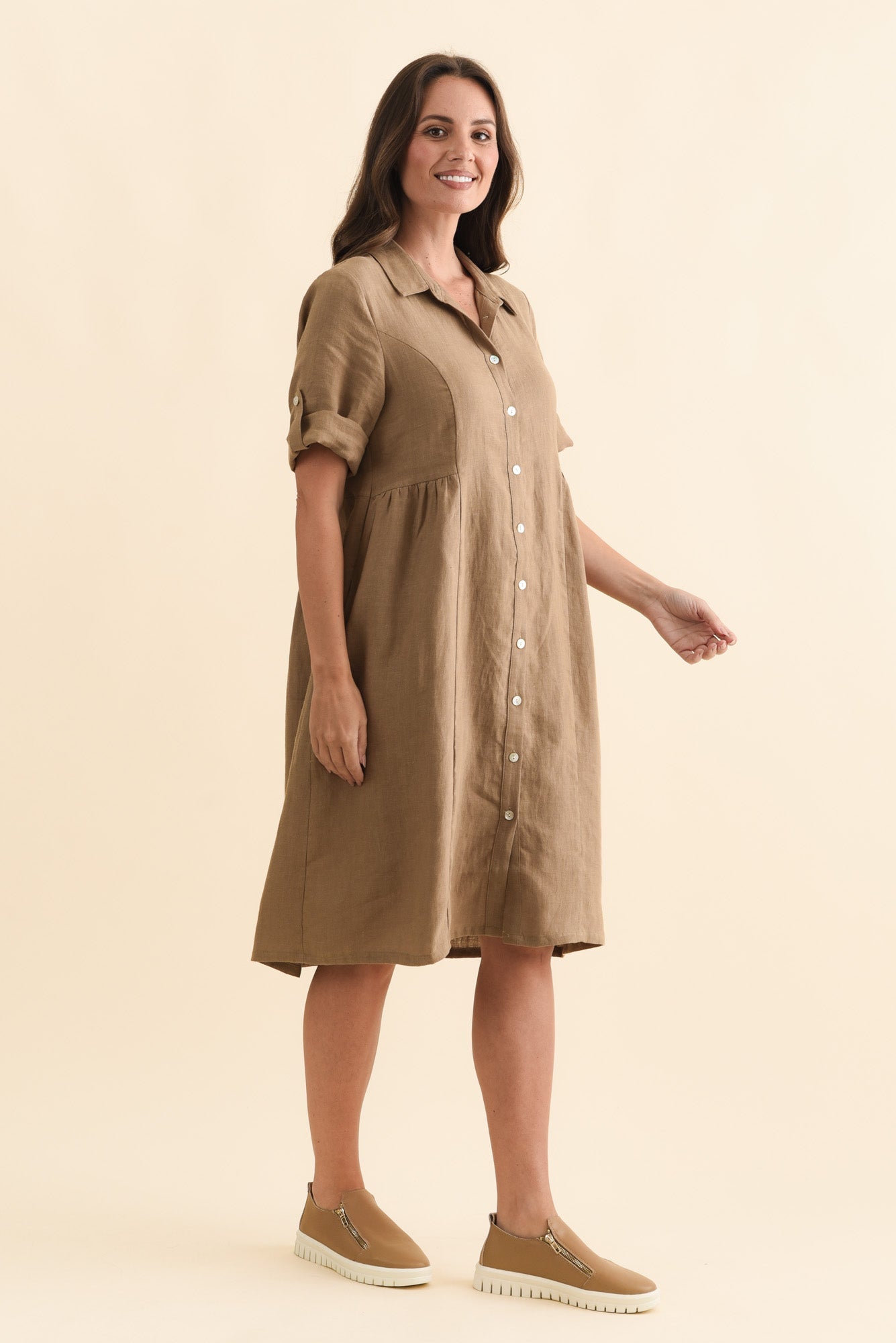 Katy Mocha Linen Pocket Dress Side View