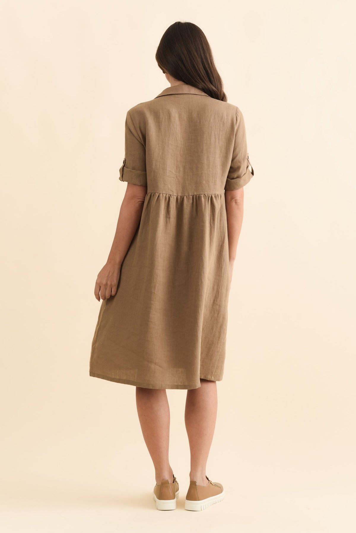 Katy Mocha Linen Pocket Dress Detail View