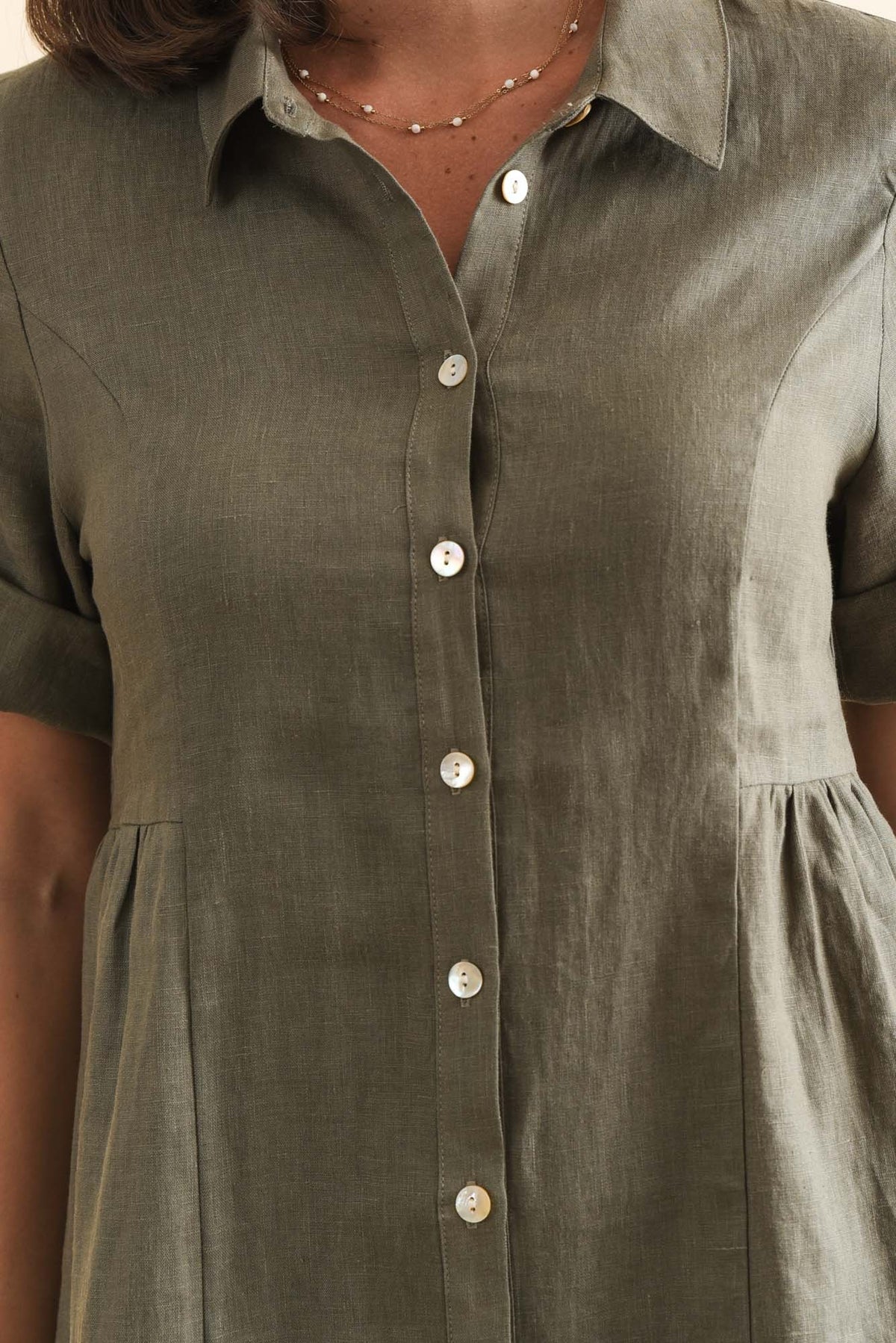 Katy Olive Linen Pocket Dress Detail View