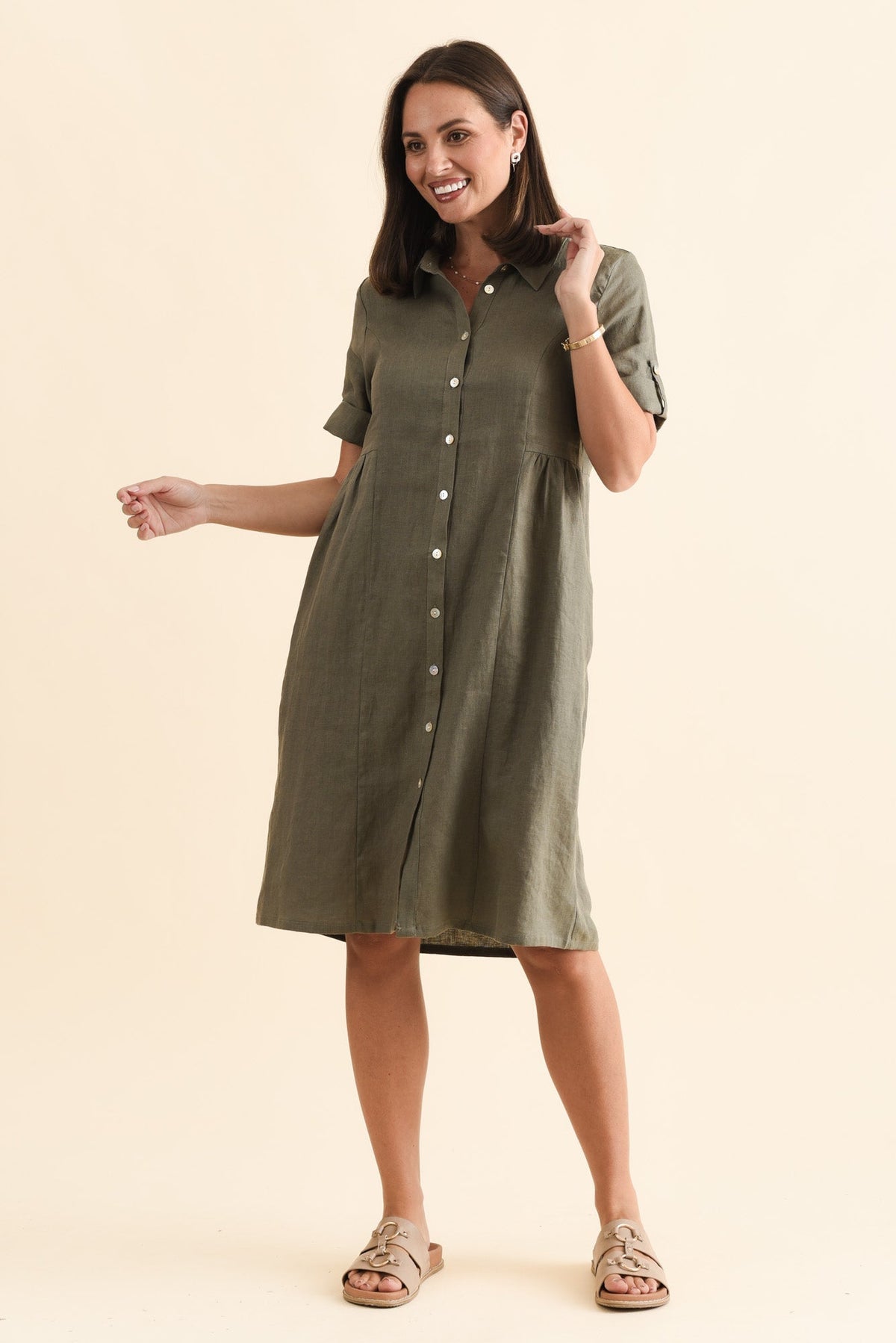Katy Olive Linen Pocket Dress Full Length View
