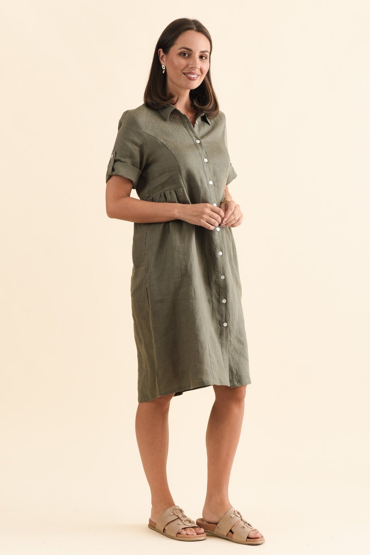 Katy Olive Linen Pocket Dress Back View