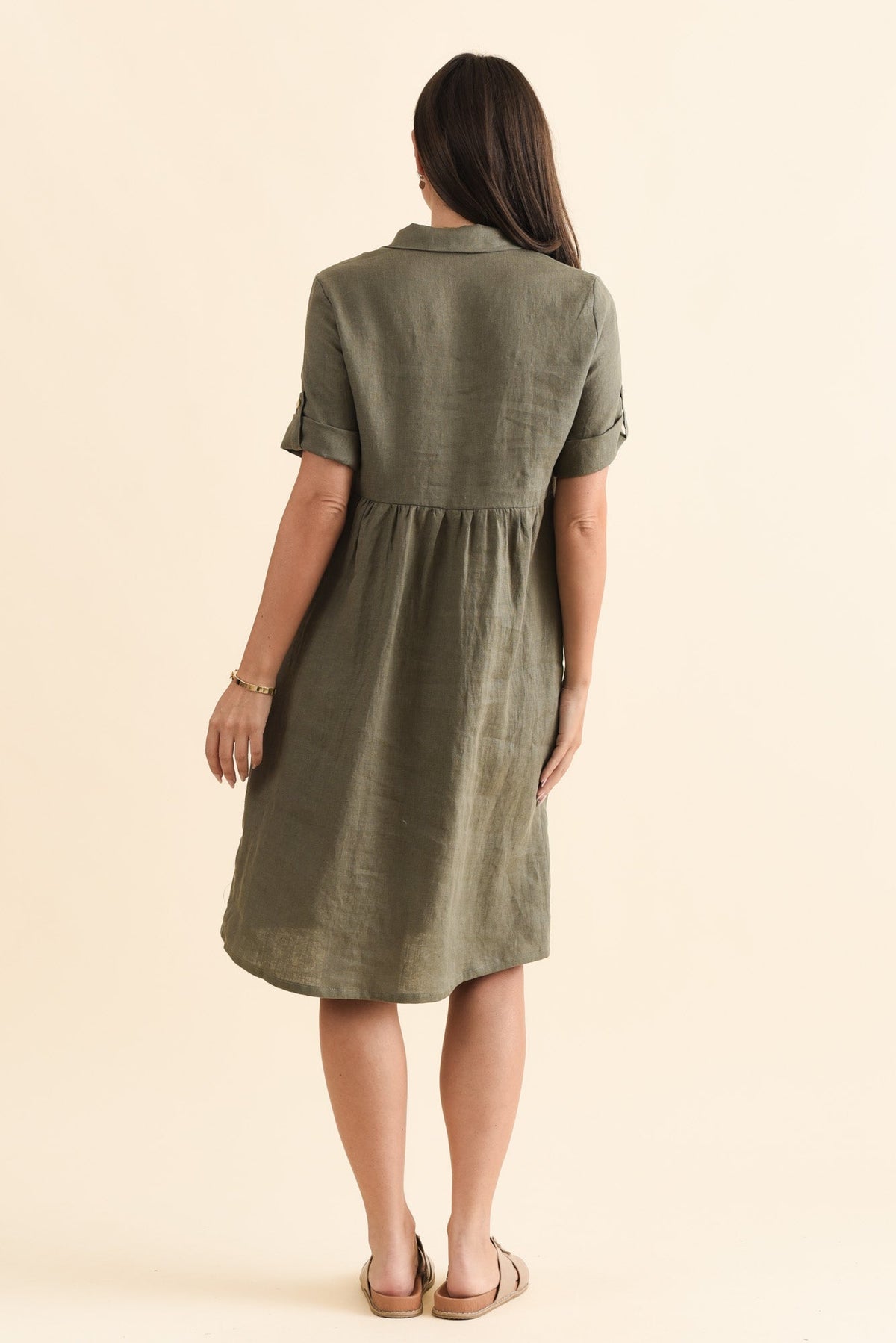 Katy Olive Linen Pocket Dress Side View