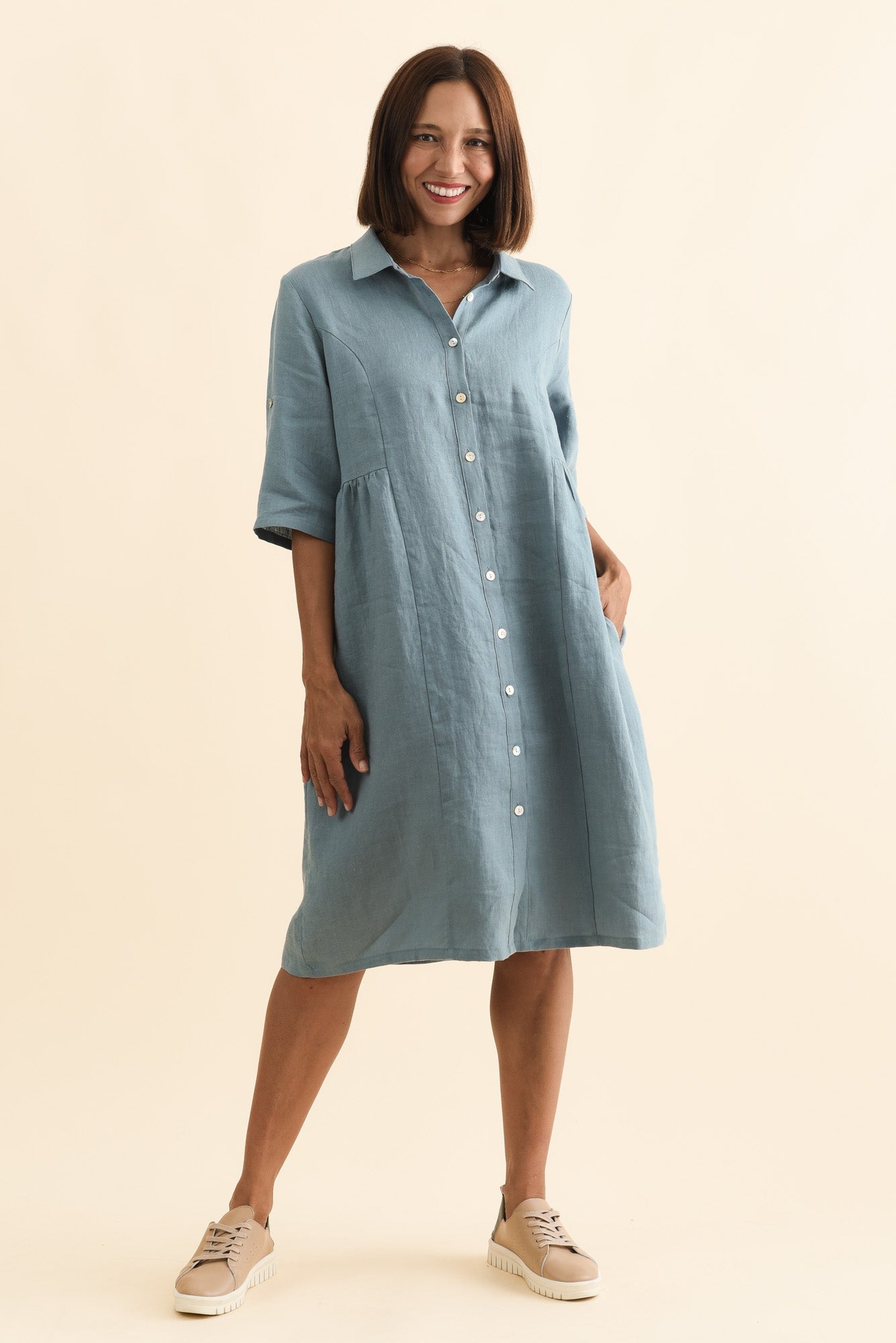 Katy Steel Linen Pocket Dress Front View