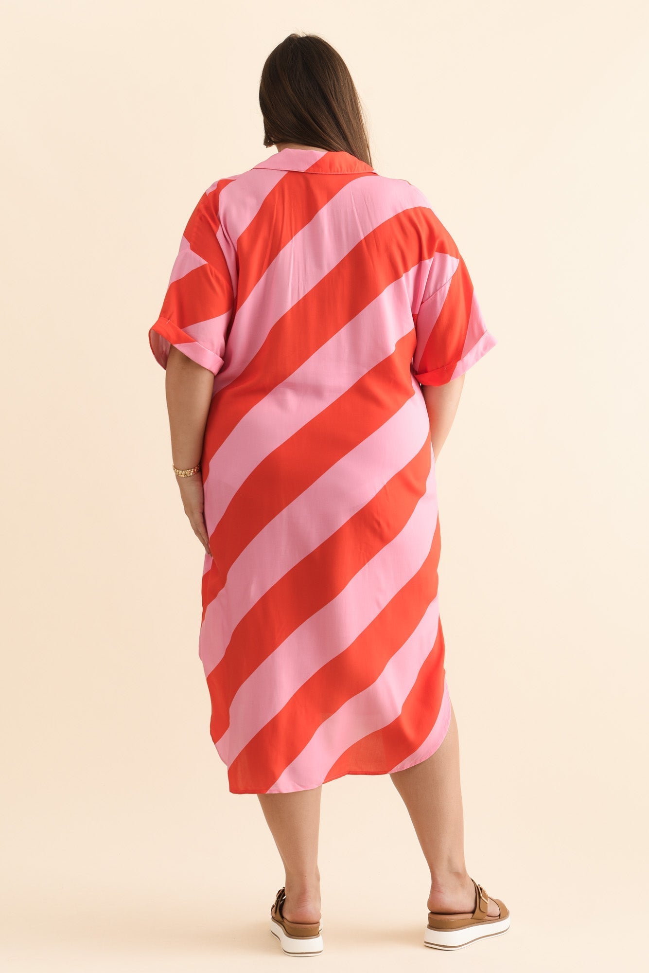 Kazi Pink Stripe Shirt Dress Full Length View 2