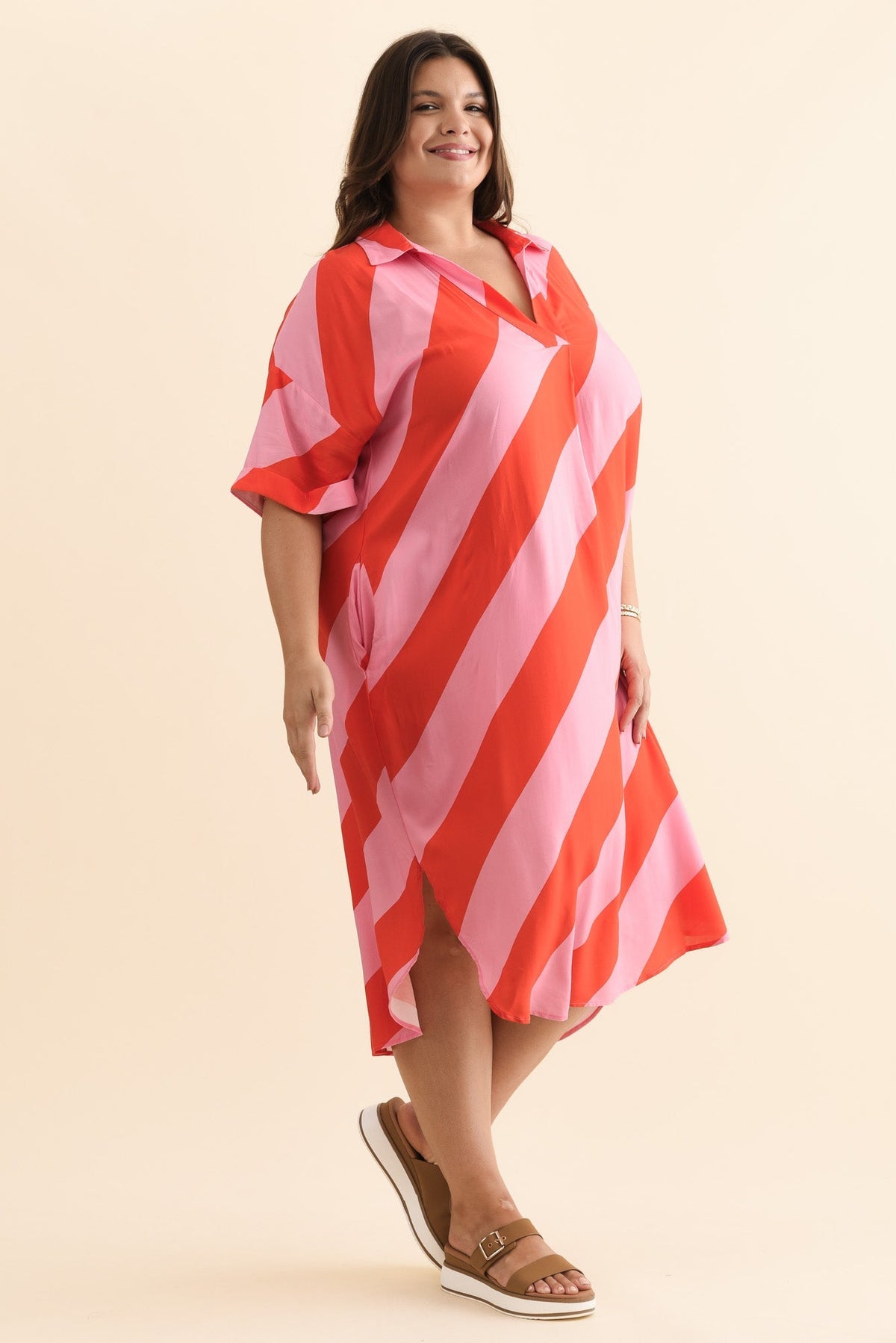 Kazi Pink Stripe Shirt Dress Styled View 2