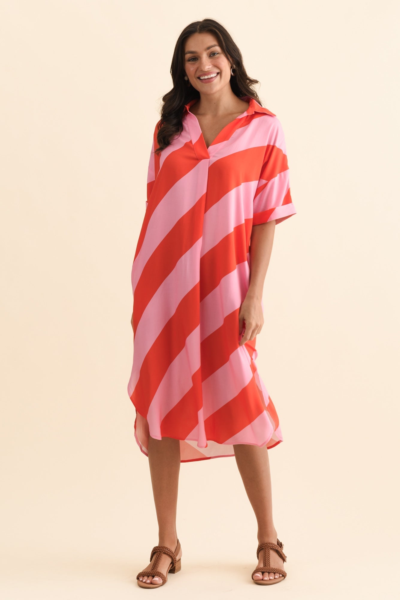 Kazi Pink Stripe Shirt Dress Front View