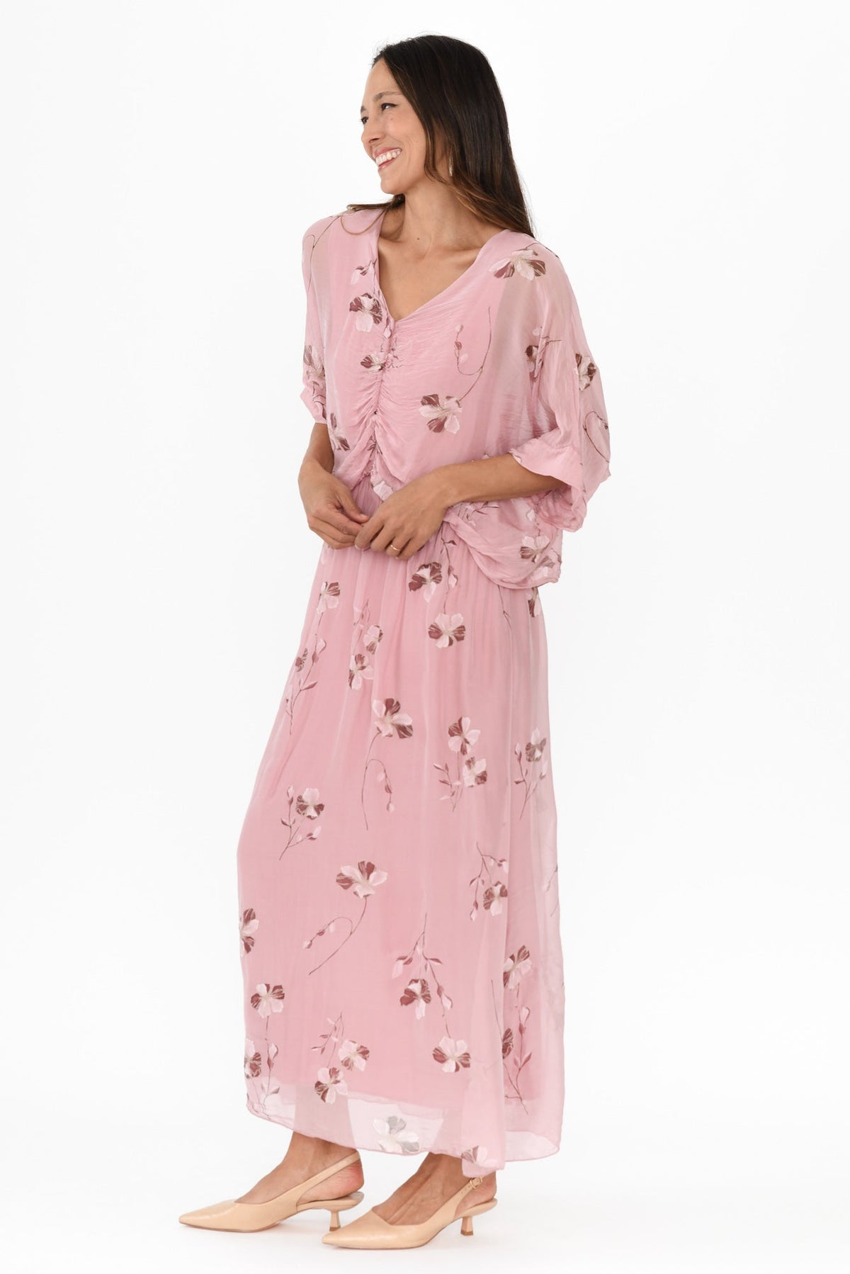 Kerry Pink Floral Silk Gathered Dress Back View
