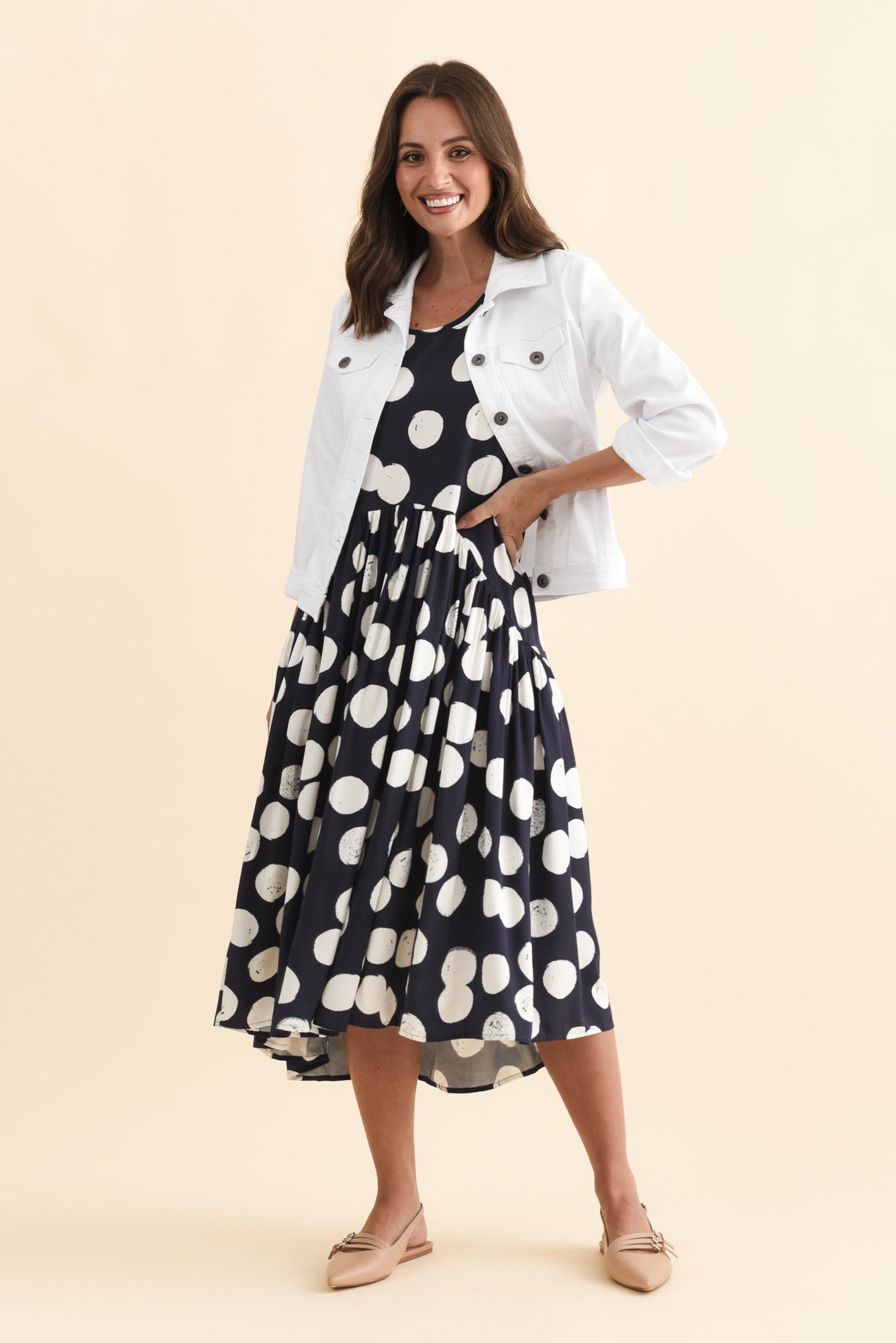 Kiana Navy Spot Peak Dress Front View