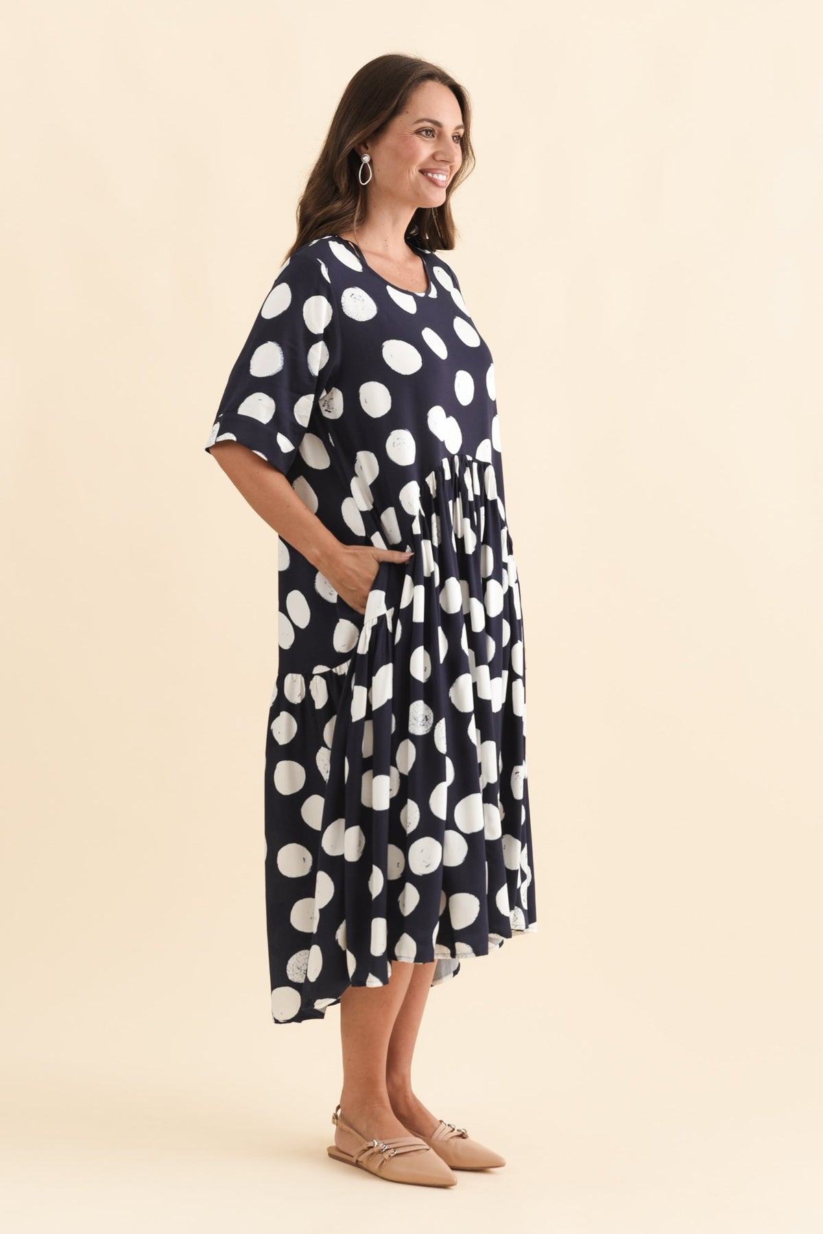 Kiana Navy Spot Peak Dress Side View