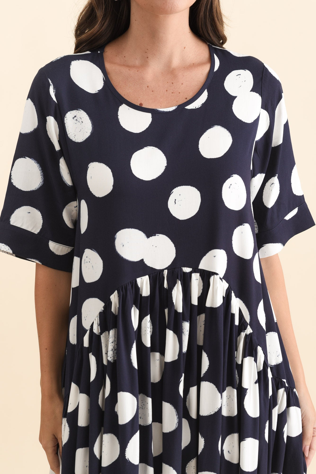 Kiana Navy Spot Peak Dress Full Length View