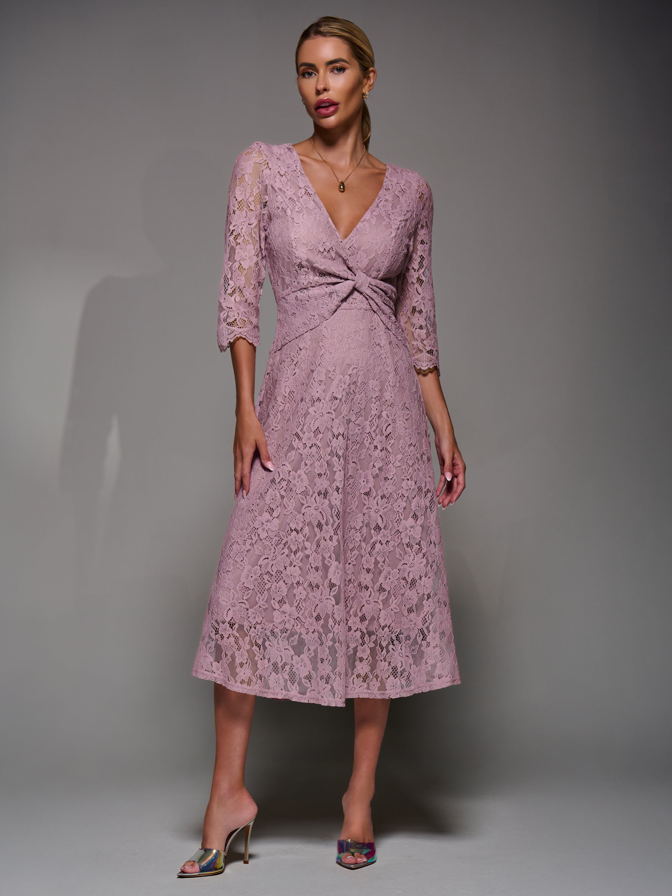 Lace Detail Long Sleeve Midi Dress Styled View