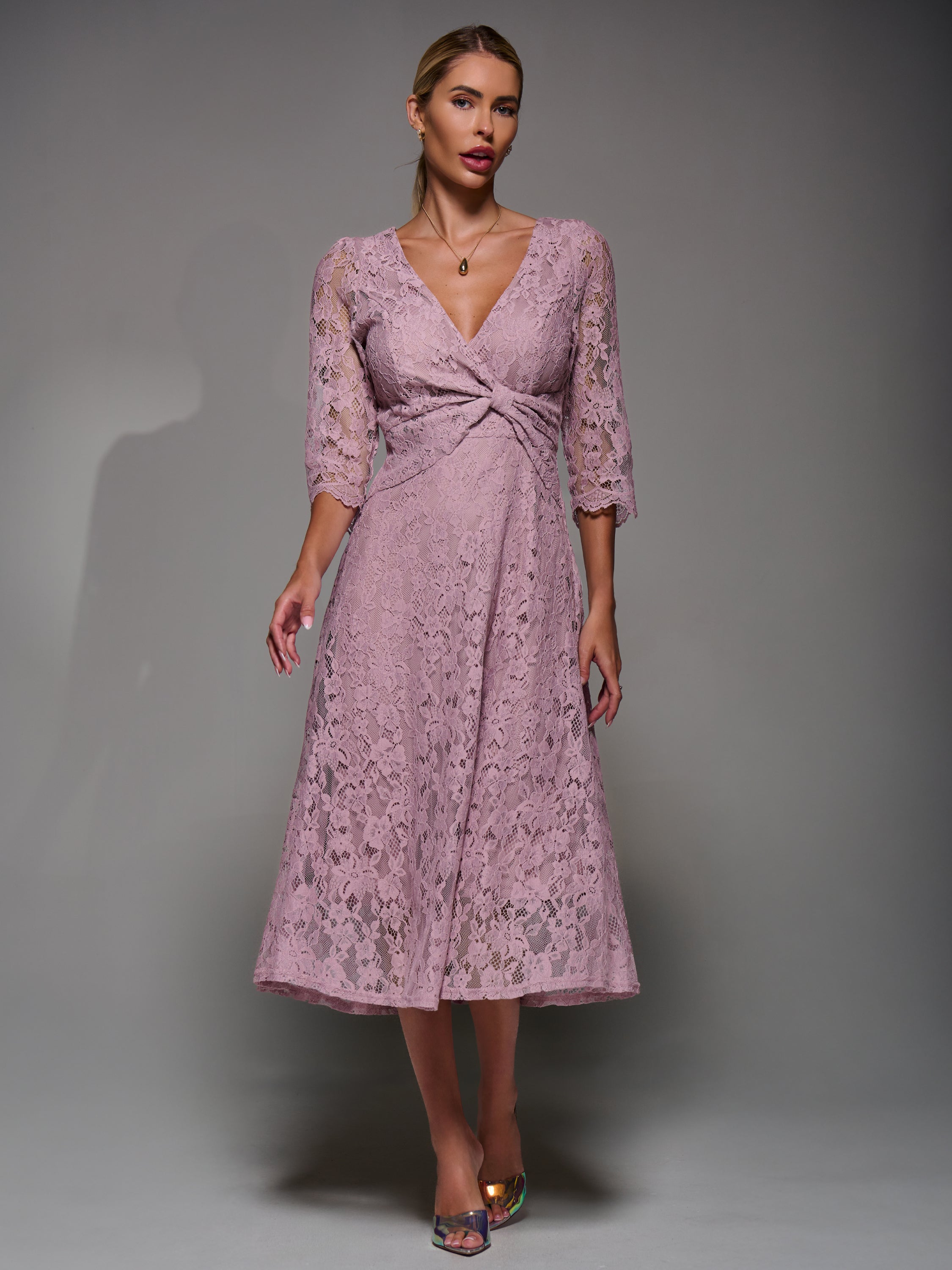 Lace Detail Long Sleeve Midi Dress Detail View
