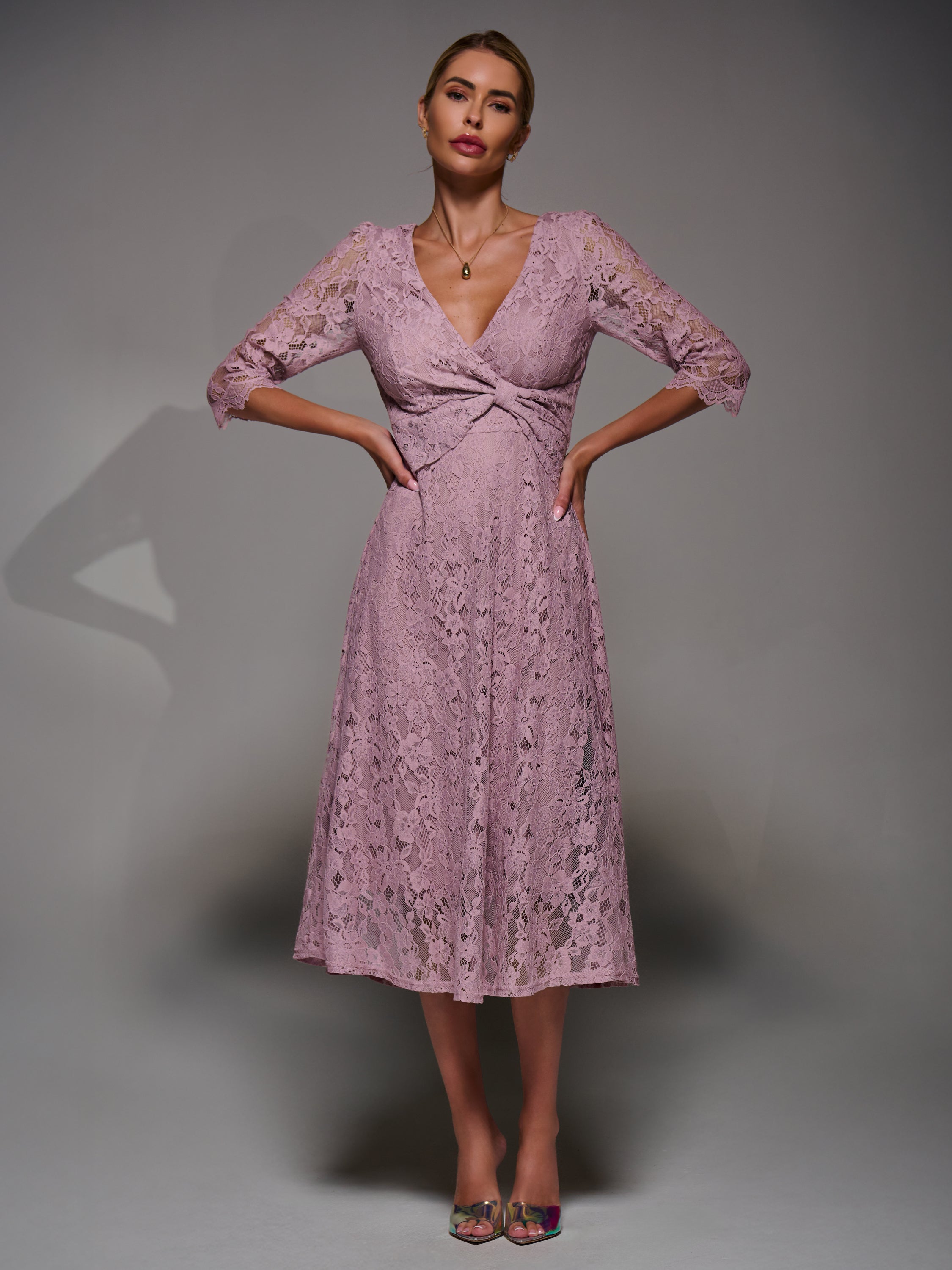 Lace Detail Long Sleeve Midi Dress Front View 2