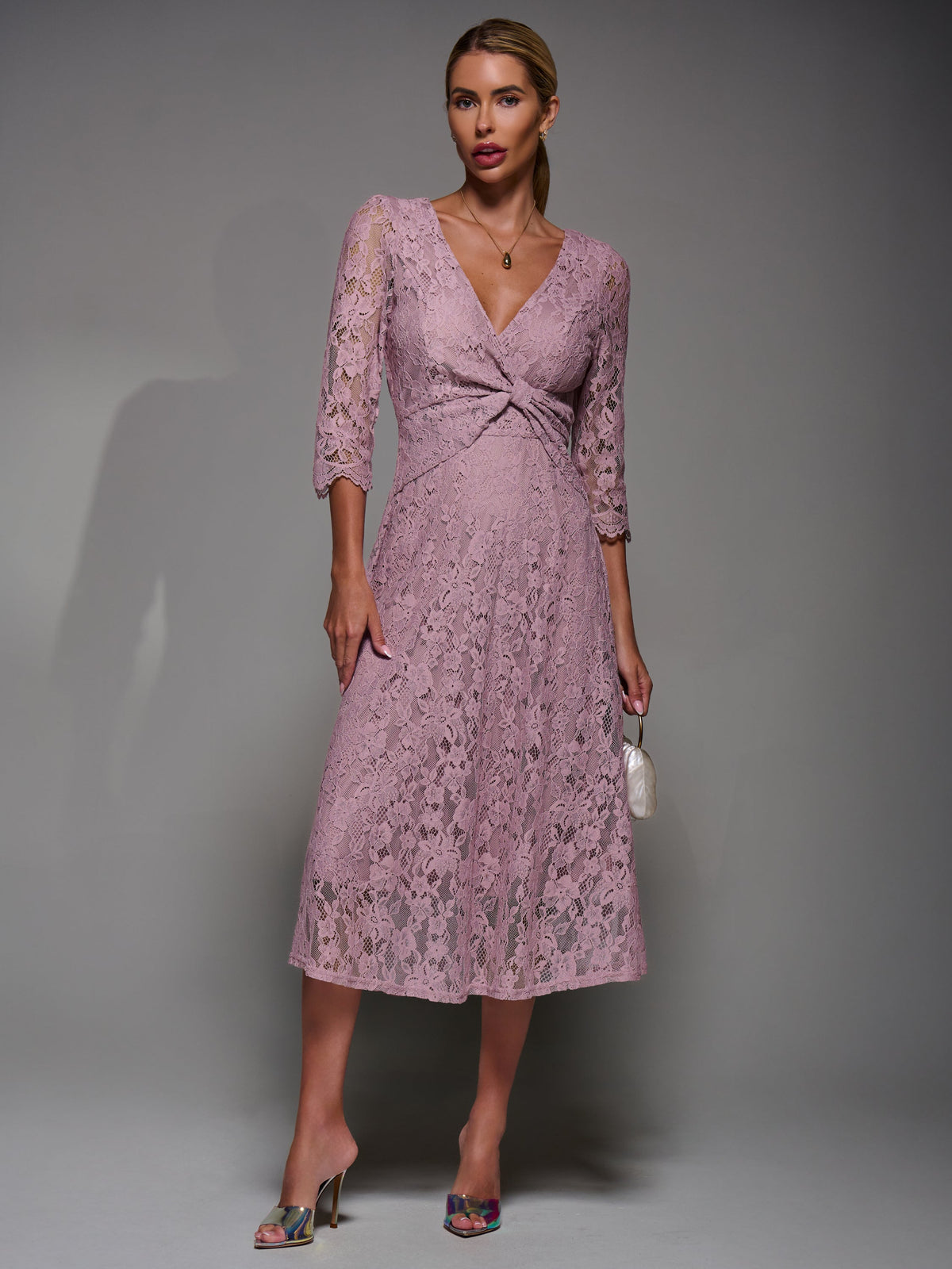 Lace Detail Long Sleeve Midi Dress Full Length View