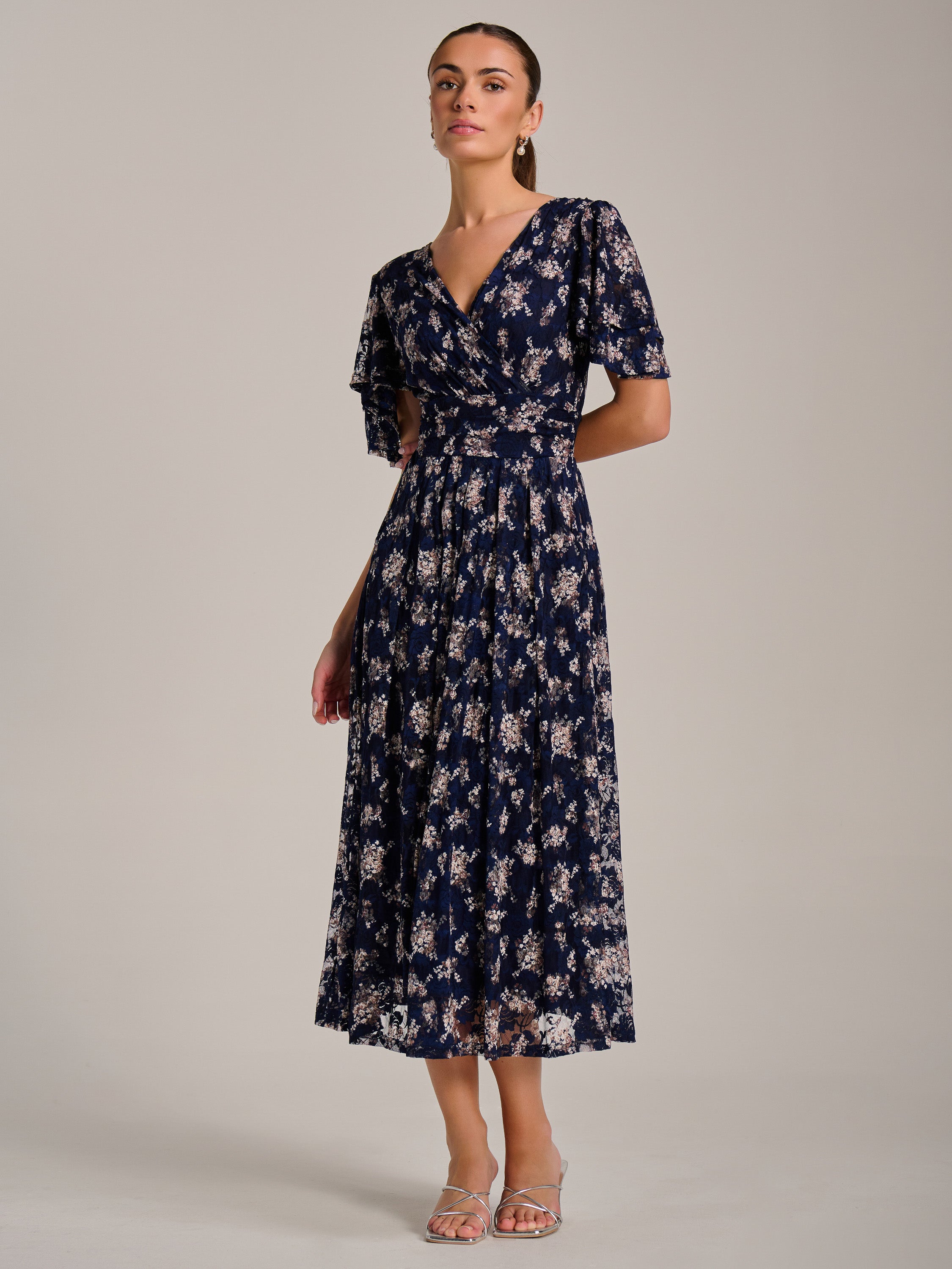 Angel Sleeve Print Lace Maxi Dress Full Length View
