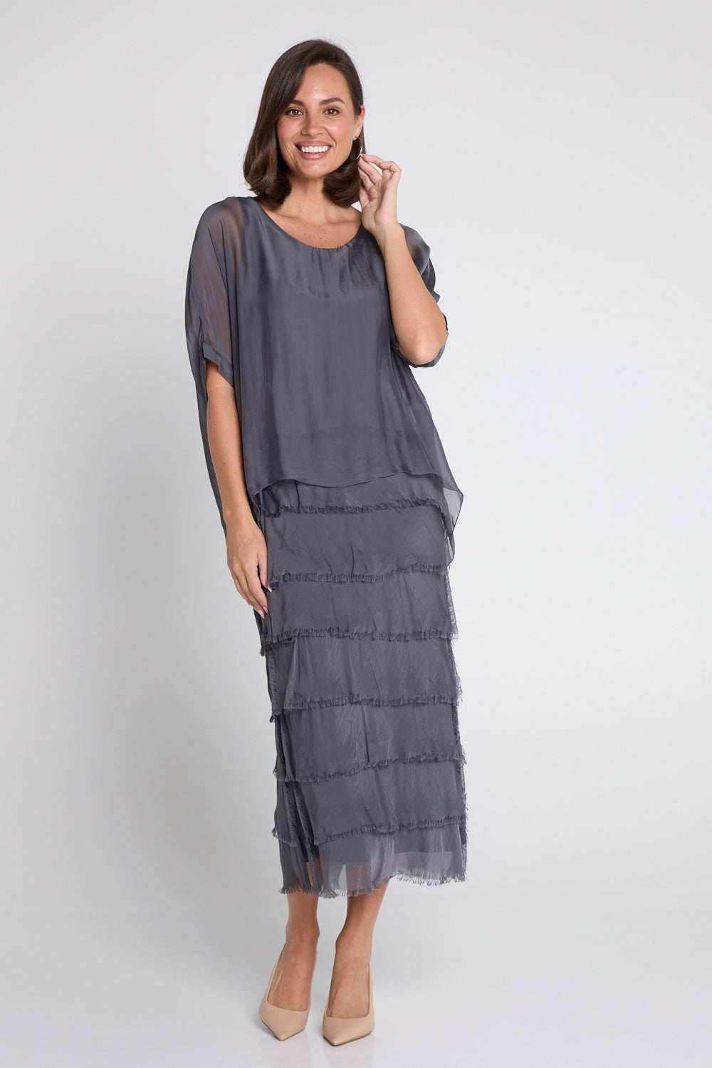 Women's Margo silk blend layered midi dress in Charcoal