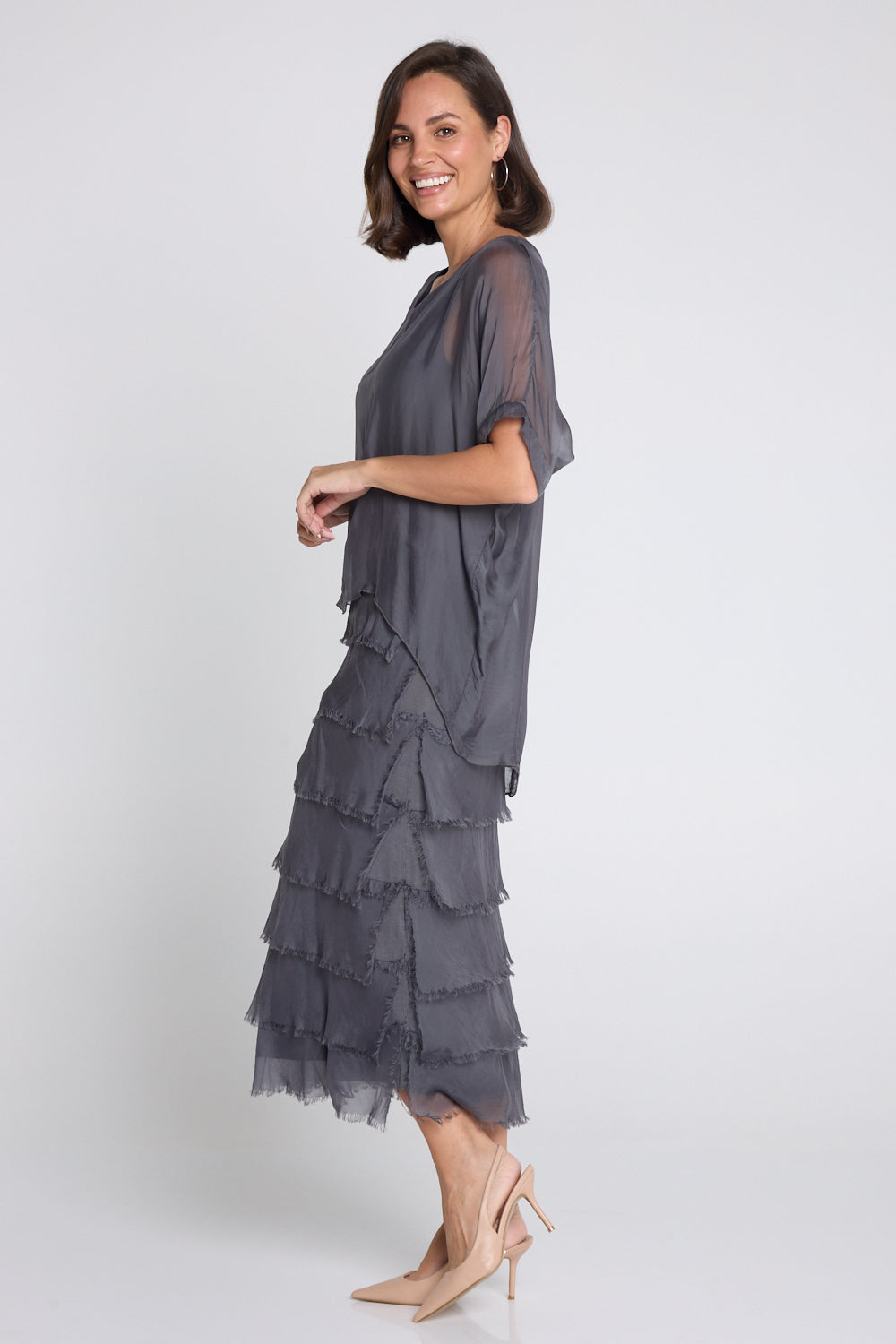 Women's Margo silk blend layered midi dress in Charcoal