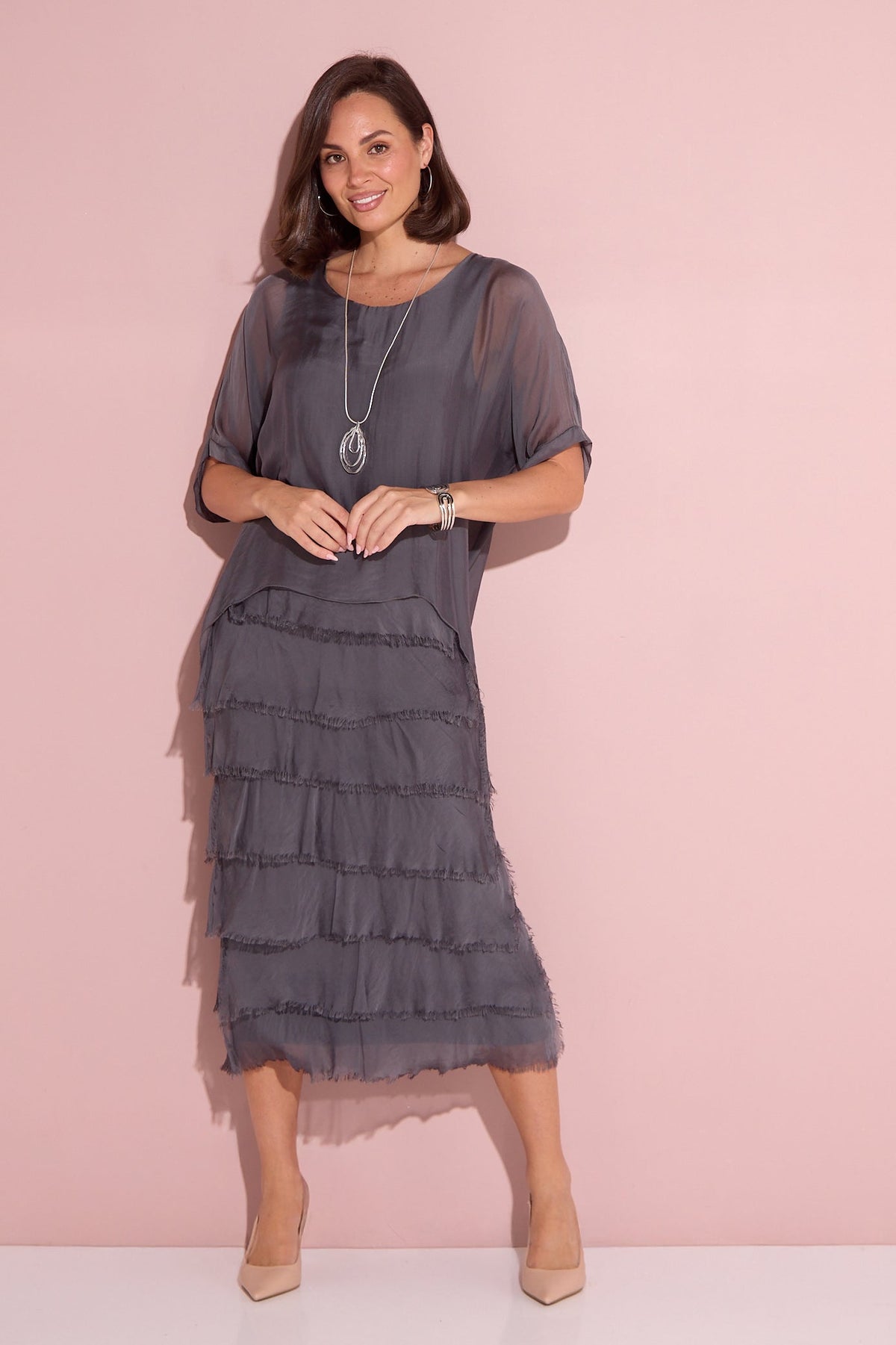 Women's Margo silk blend layered midi dress in Charcoal