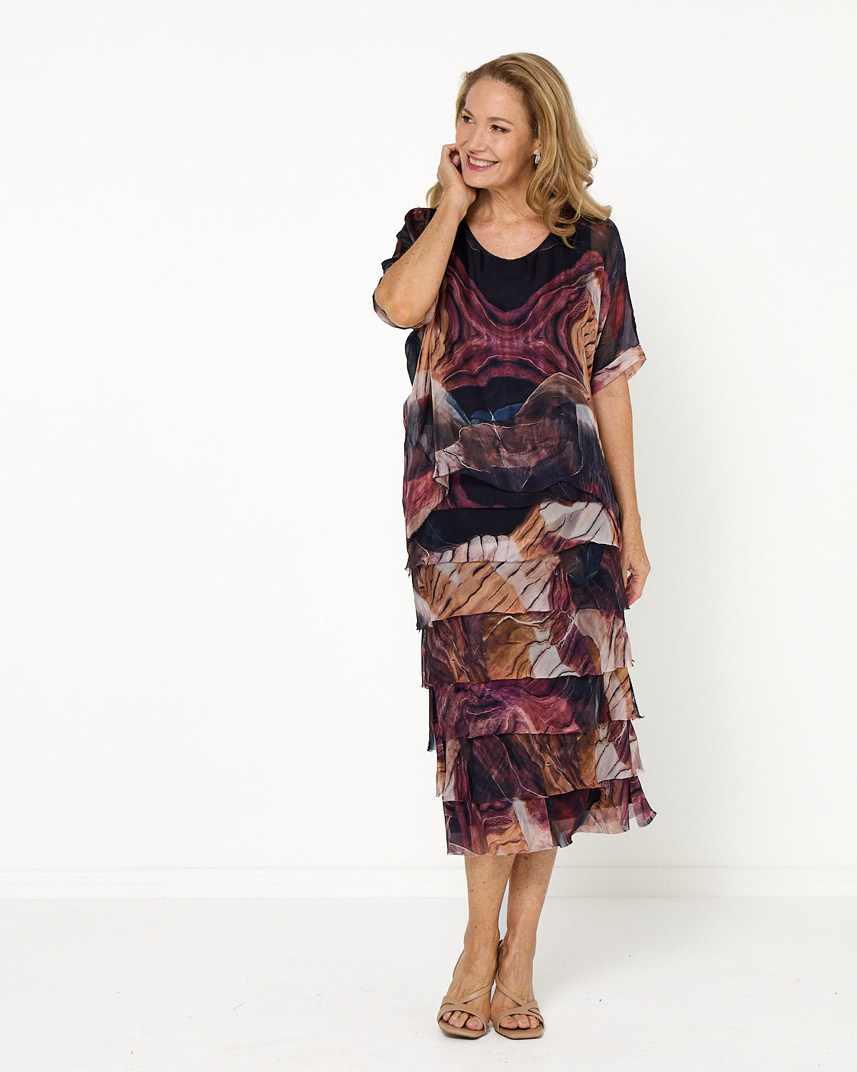 Women's Margo silk blend layered midi dress in Brown Floral