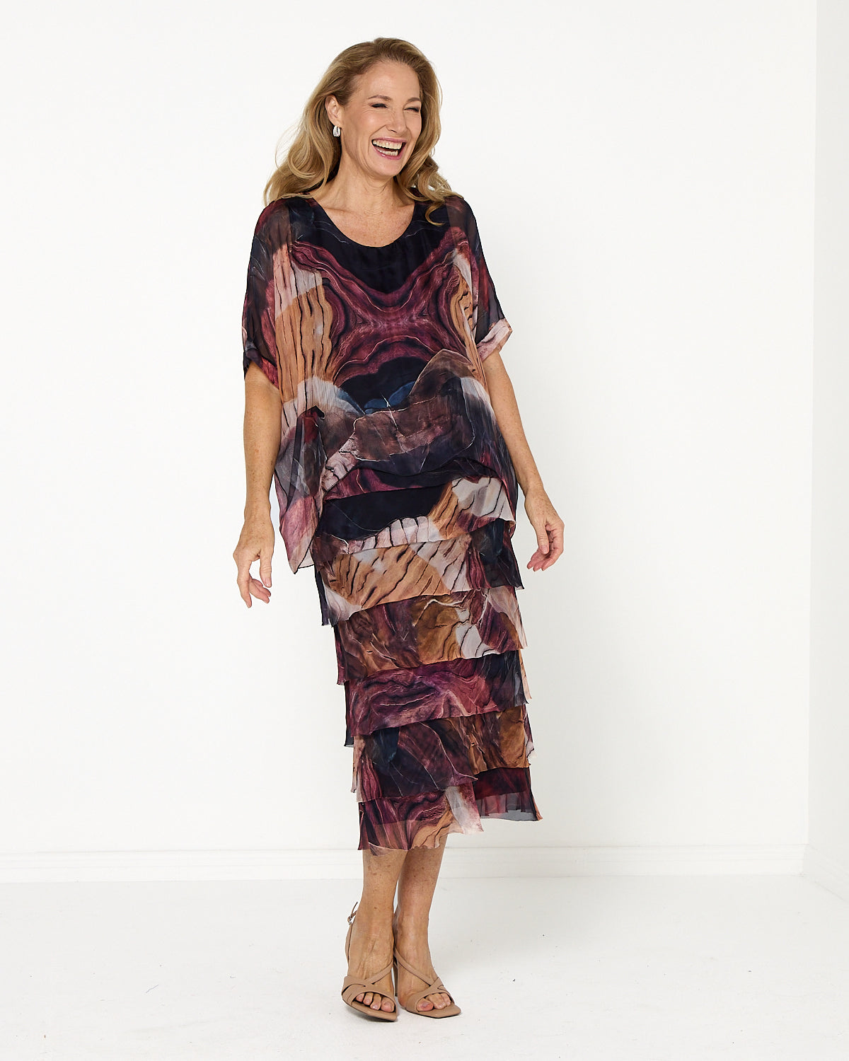 Women's Margo silk blend layered midi dress in Brown Floral