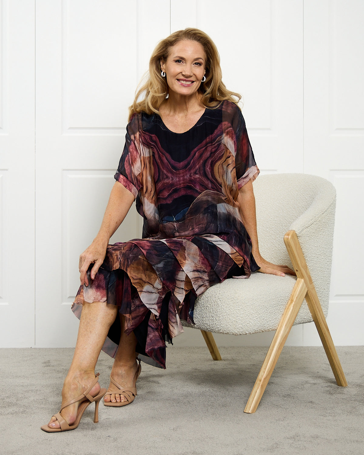 Women's Margo silk blend layered midi dress in Brown Floral