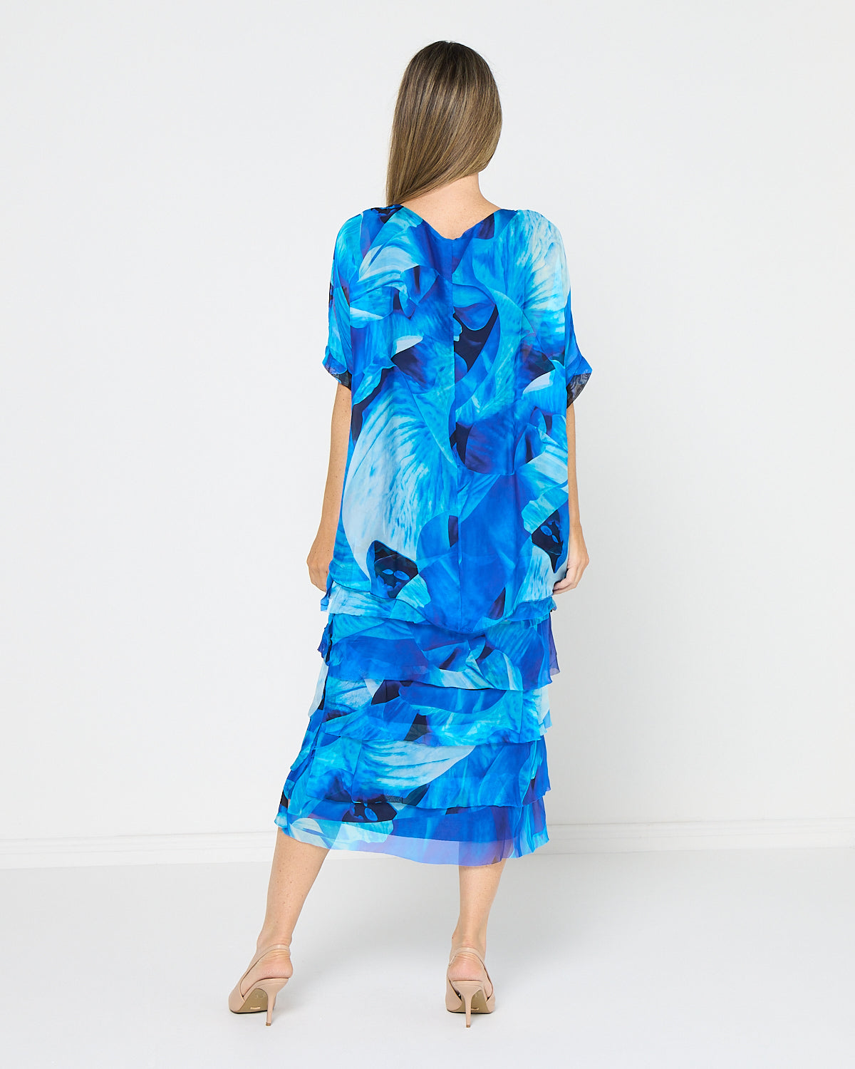Women's Margo silk blend layered midi dress in Blue Floral