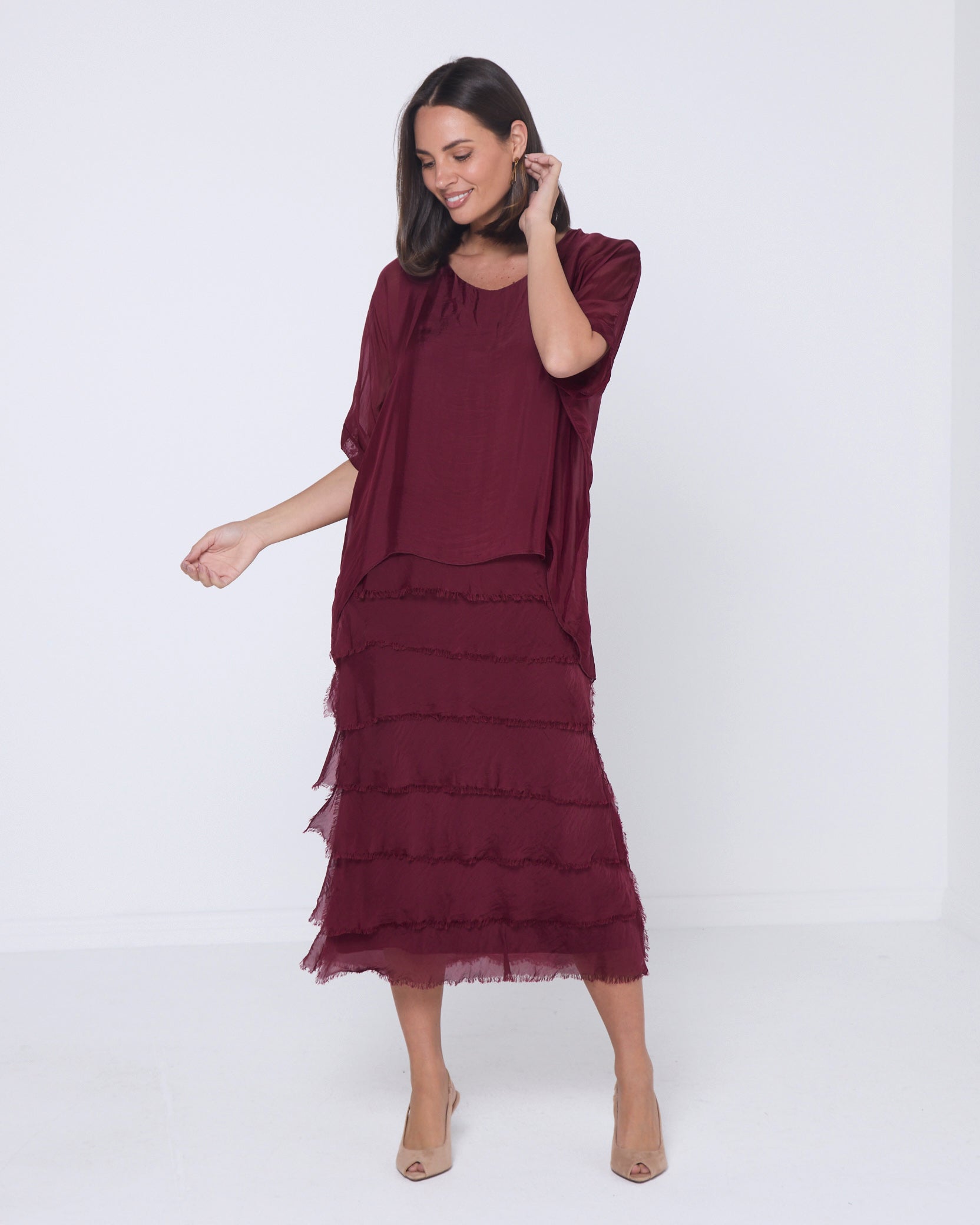 Women's Margo silk blend layered midi dress in Burgundy