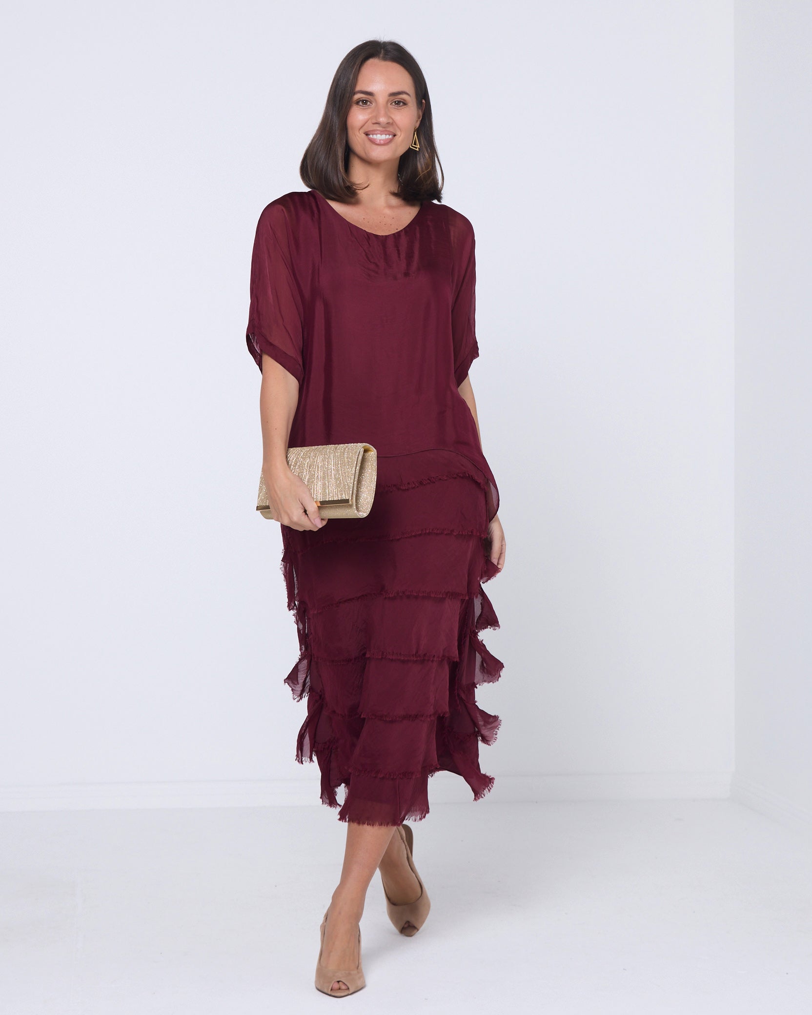Women's Margo silk blend layered midi dress in Burgundy