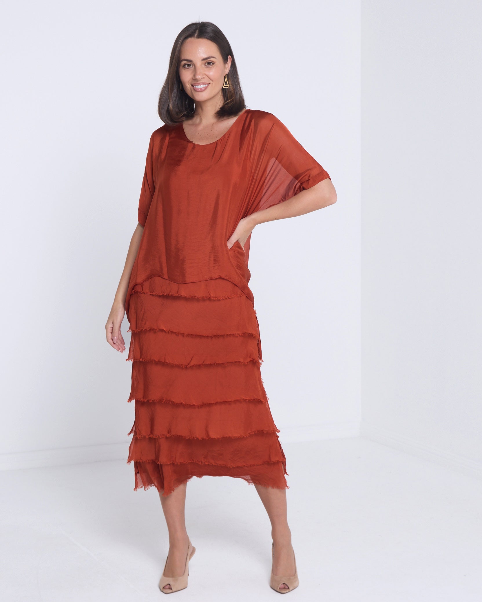 Women's Margo silk blend layered midi dress in Rust