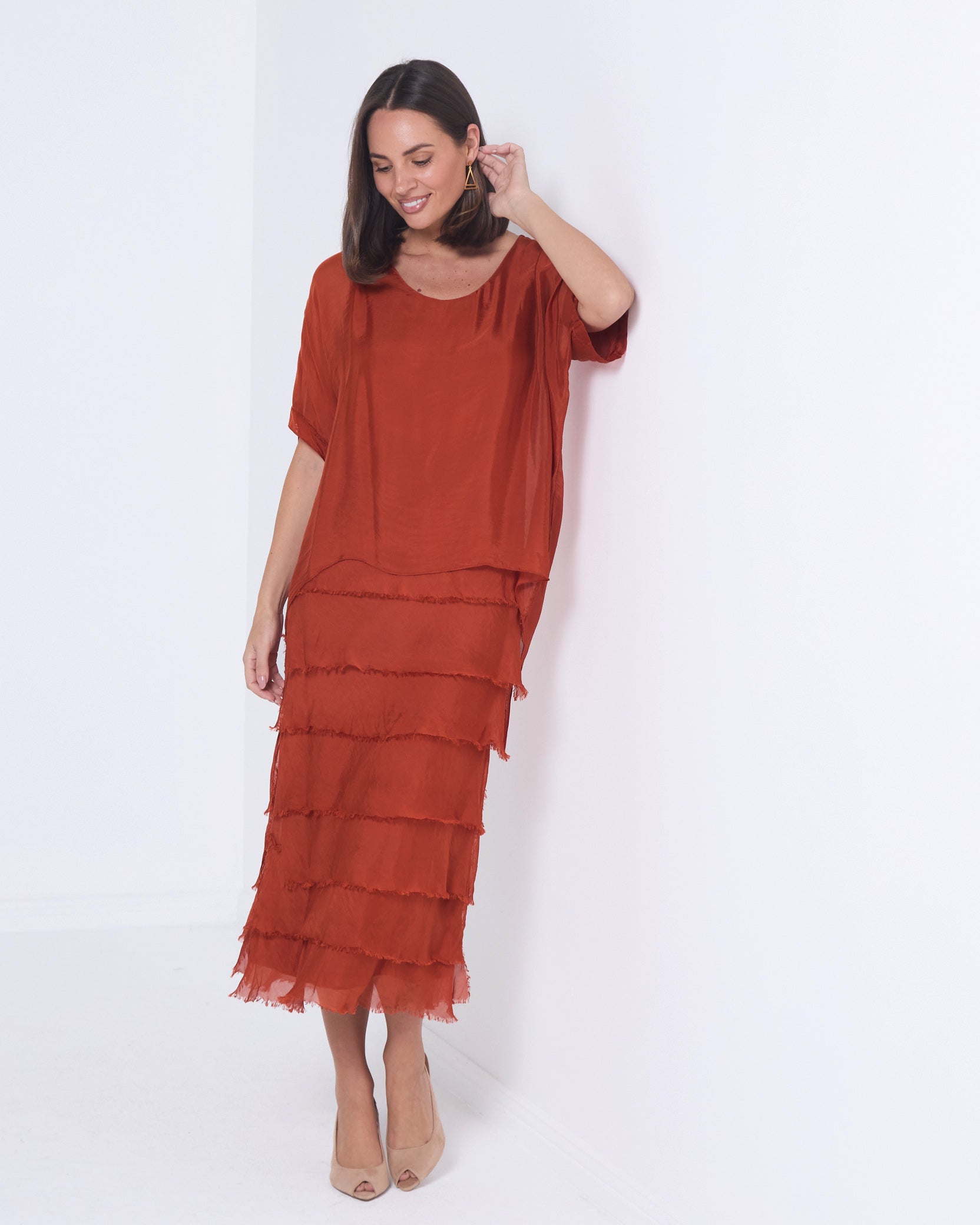 Women's Margo silk blend layered midi dress in Rust
