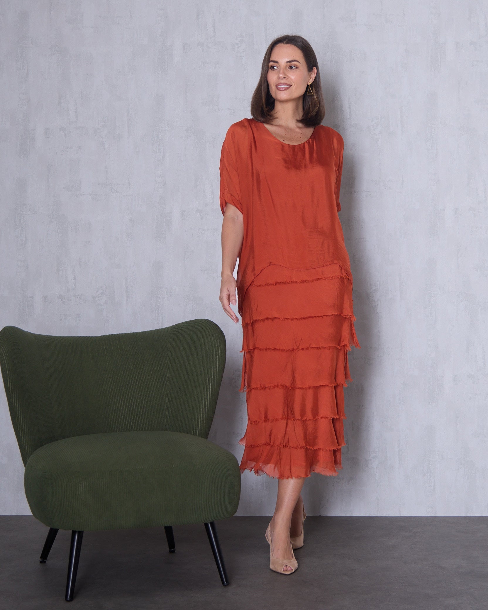 Women's Margo silk blend layered midi dress in Rust