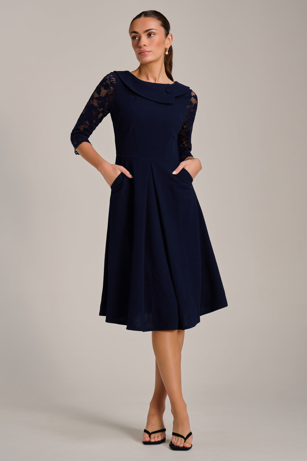 Roll Neck Lace Sleeve Fit & Flare Midi Dress Styled View