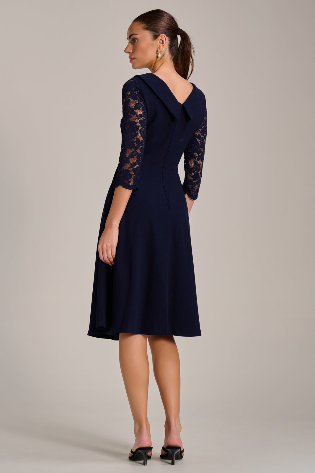 Roll Neck Lace Sleeve Fit & Flare Midi Dress Back View