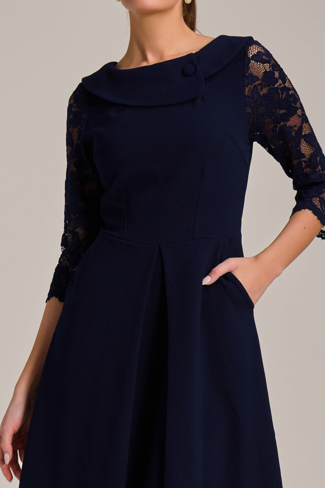 Roll Neck Lace Sleeve Fit & Flare Midi Dress Side View
