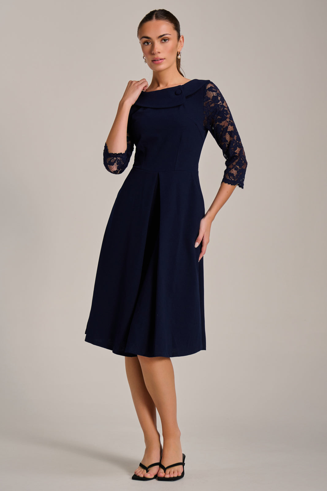 Roll Neck Lace Sleeve Fit & Flare Midi Dress Detail View