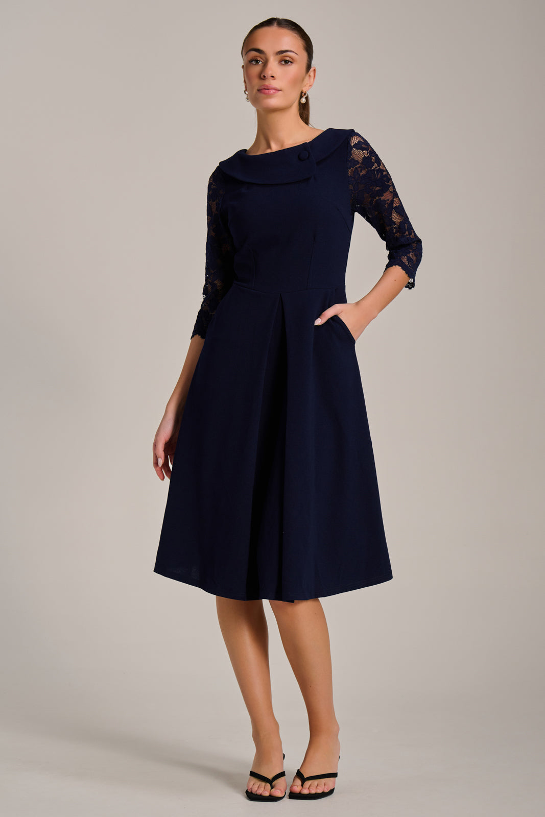 Roll Neck Lace Sleeve Fit & Flare Midi Dress Full Length View