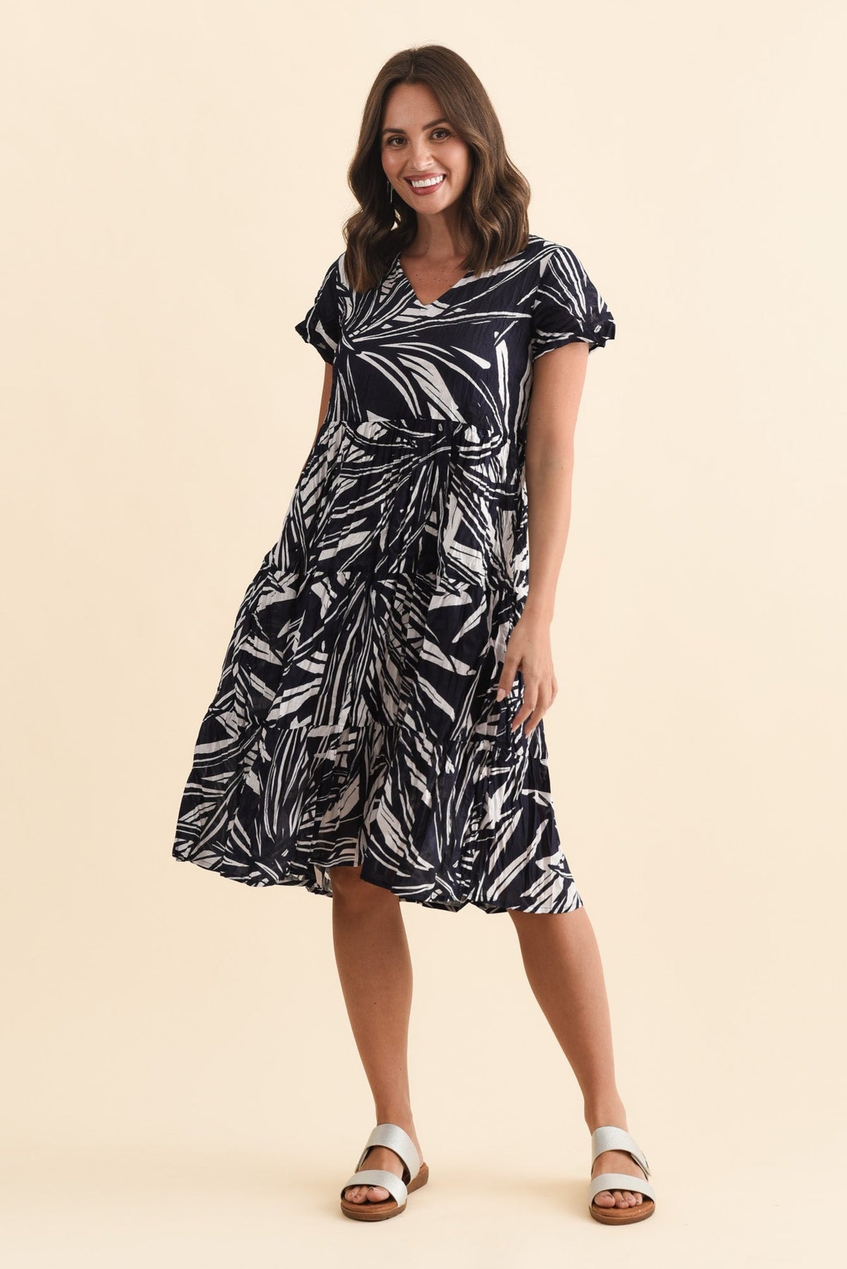 Lania Navy Burst Crinkle Cotton Dress Full Length View