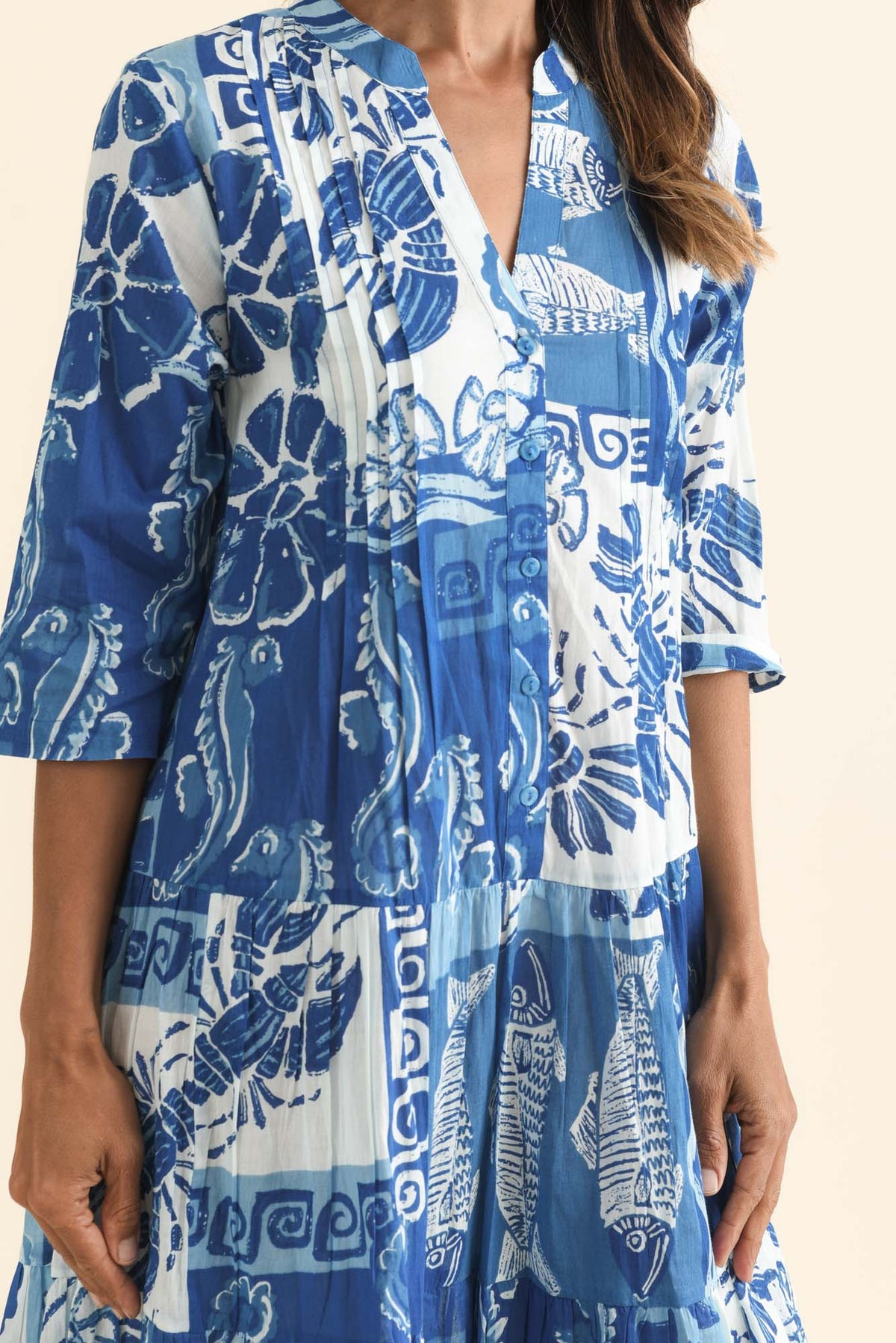 Larissa Blue Ocean Cotton Pleated Dress Full Length View