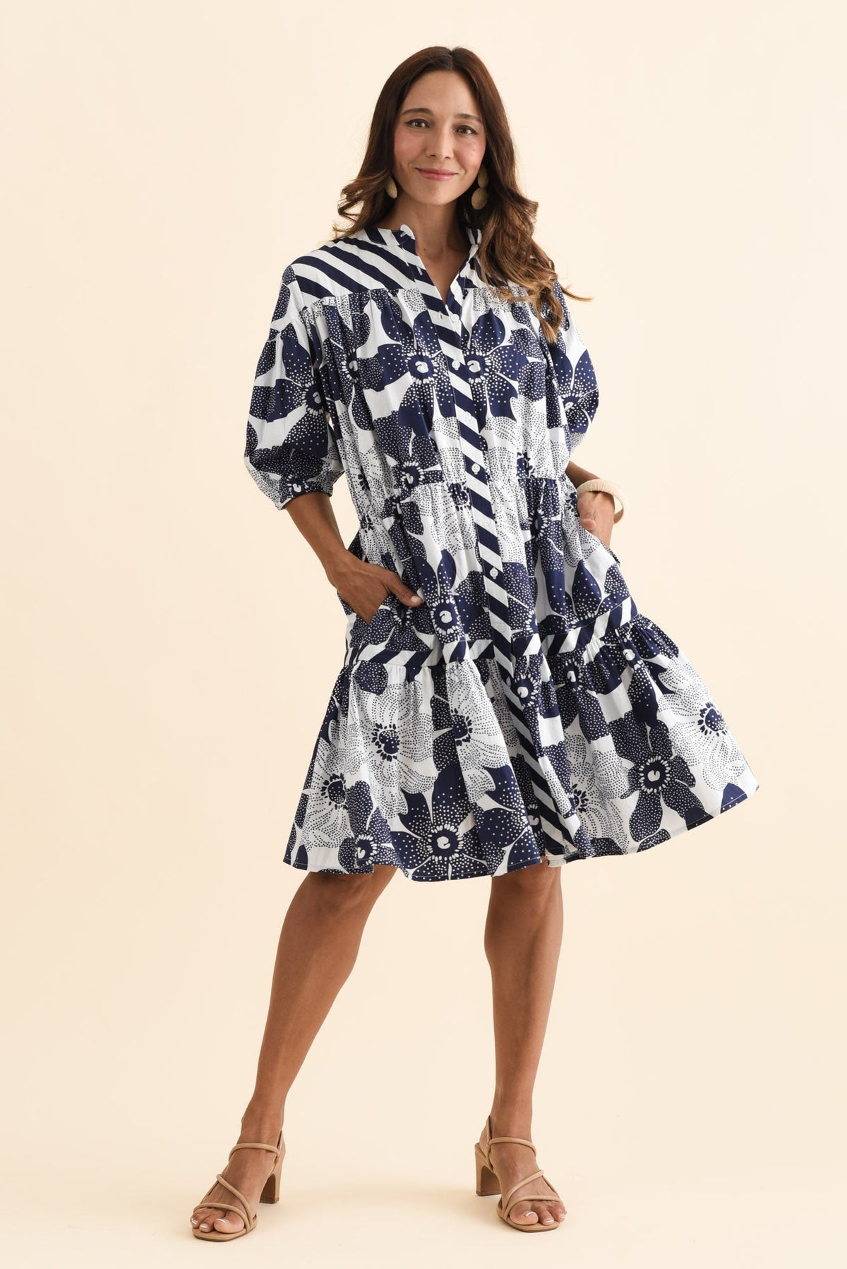 Lazar Navy Floral Cotton Dress Front View 2