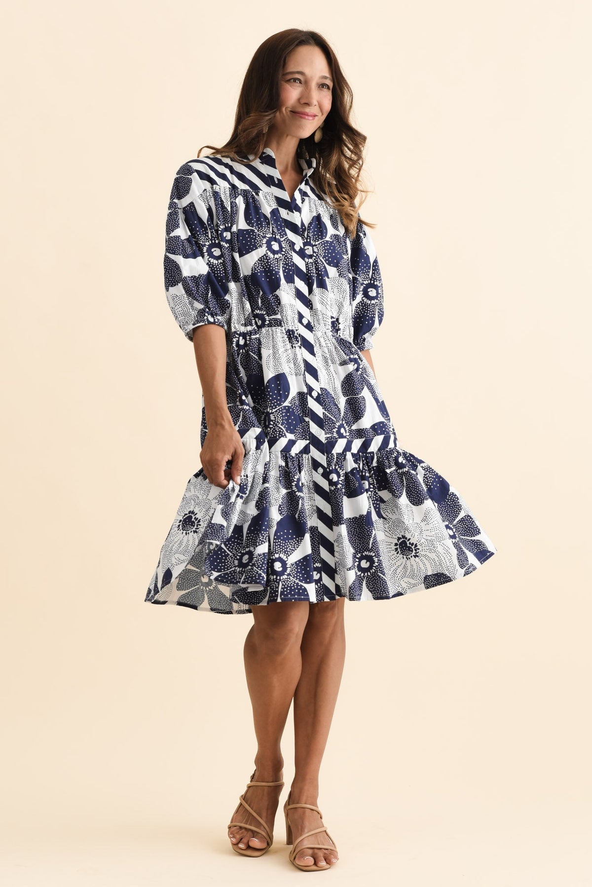 Lazar Navy Floral Cotton Dress Full Length View