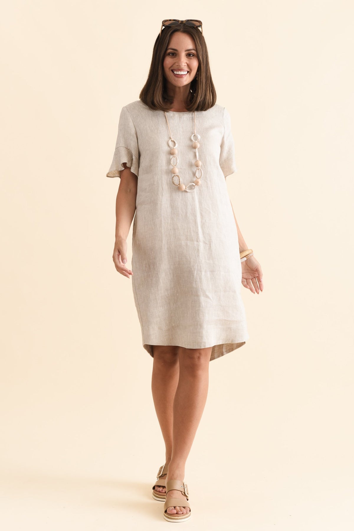 Lesley Beige Linen Flutter Sleeve Dress Front View