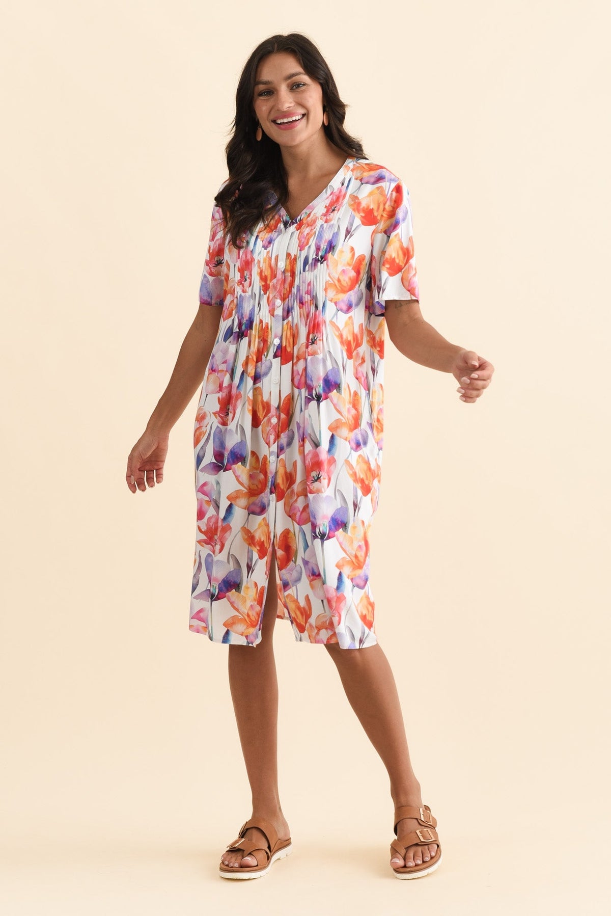 Leticia Orange Flower Midi Dress Front View