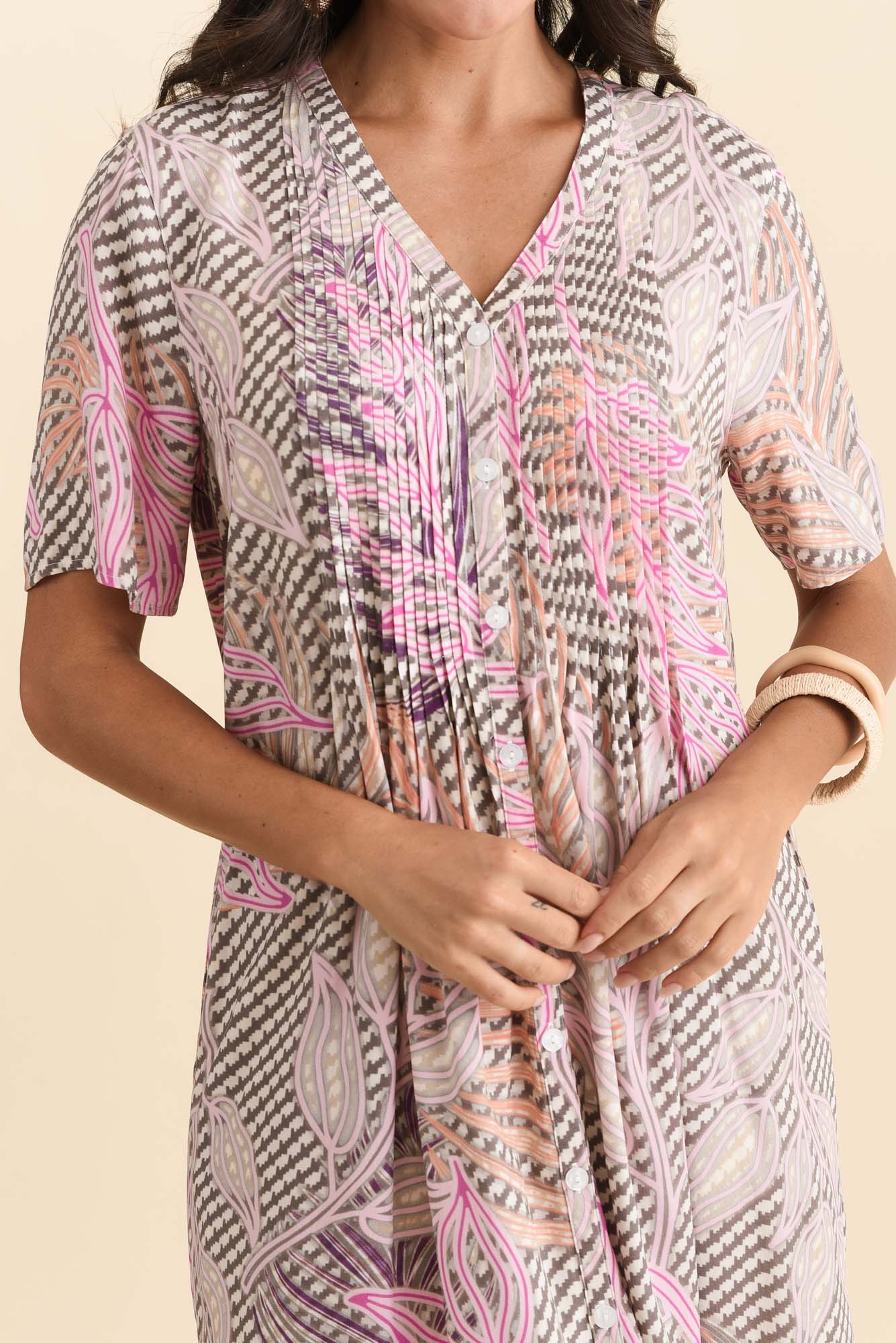 Leticia Pink Leaf Midi Dress Detail View
